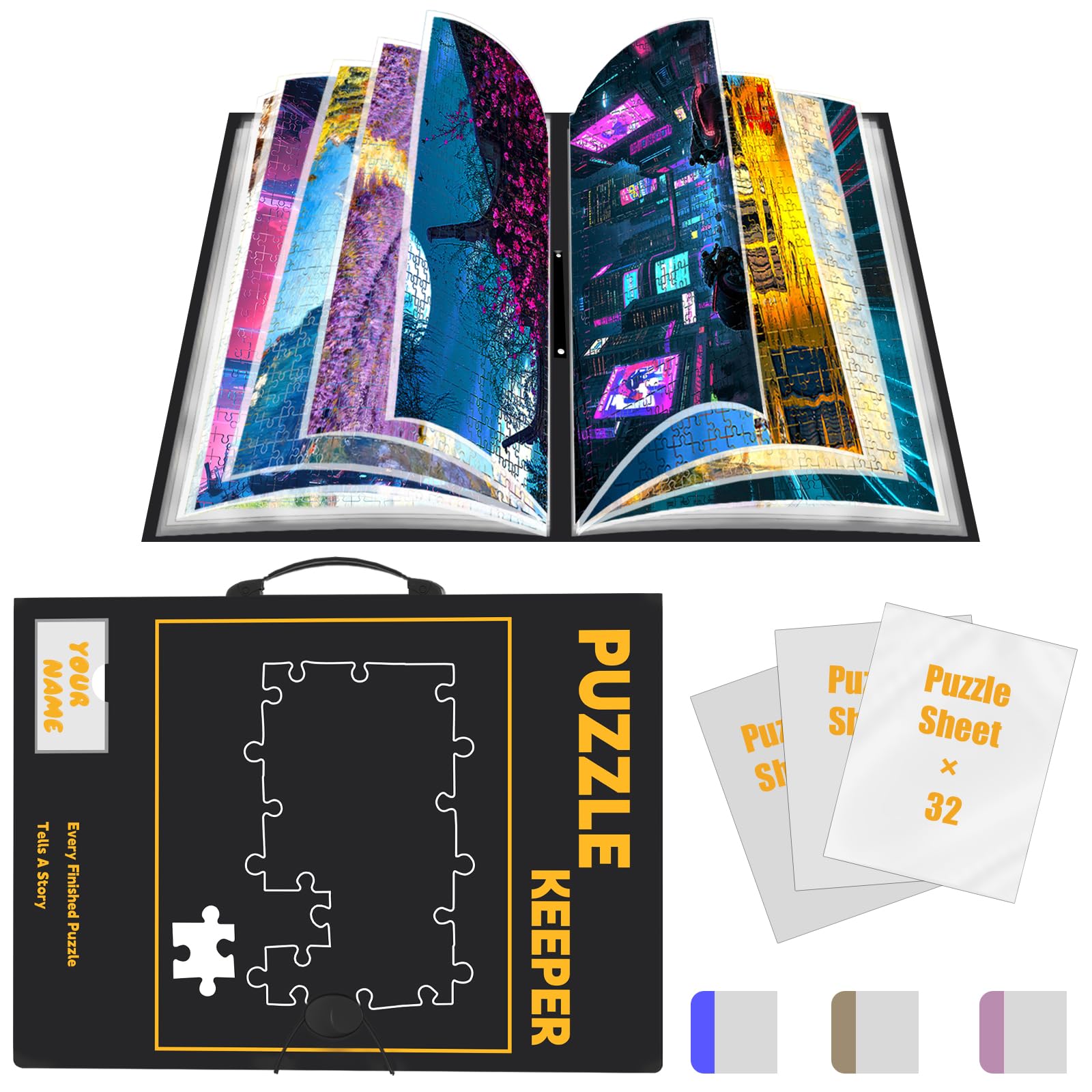 Puzzle Storage Folder for 1500pcs with Labeling Tabs & Name Card Pocket, Portable Puzzle Keeper,Jigsaws with Handle,32.6 * 25.2in(Inner Page), Black
