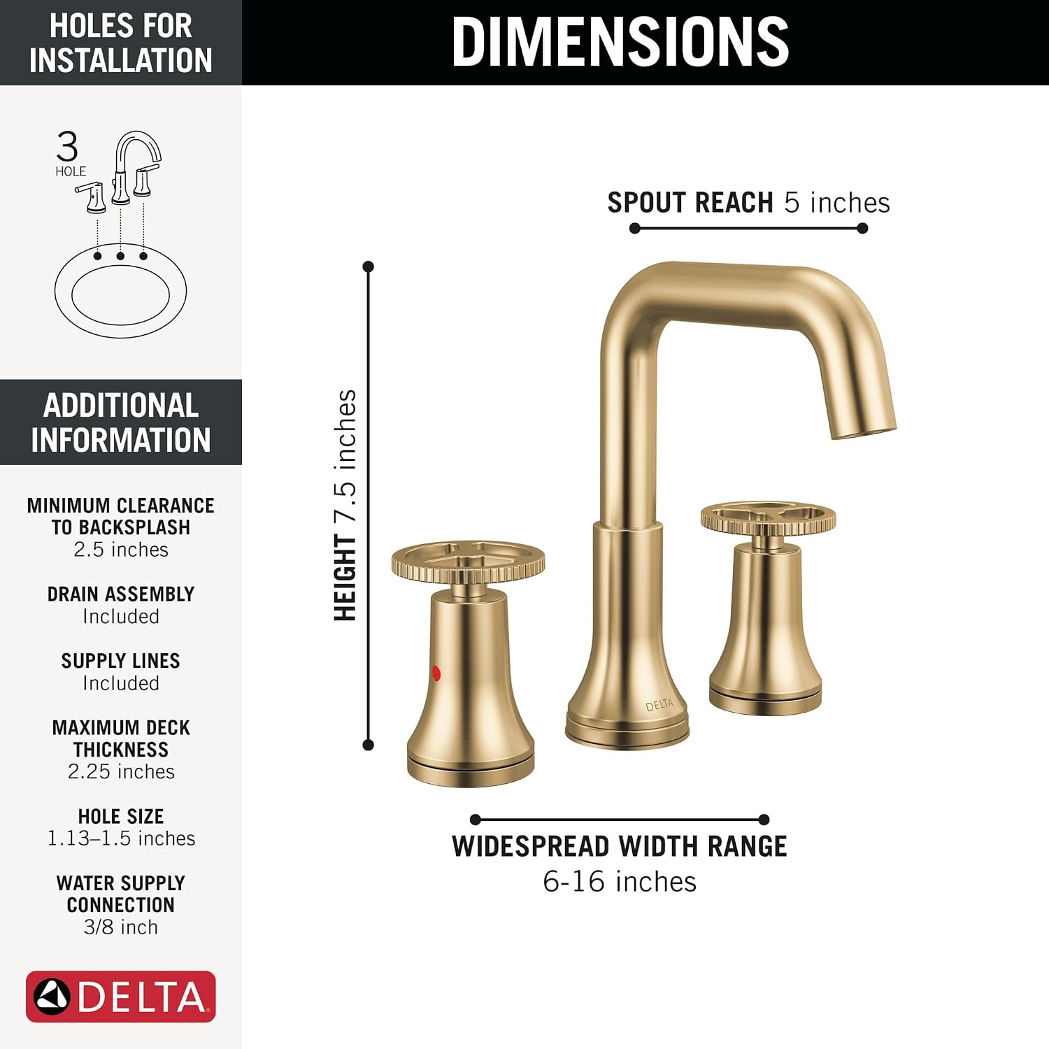 Delta Trinsic U-Spout Widespread Bathroom Faucet with Wheel Handle, Gold 3-Hole Bathroom Sink Faucet, Metal Push-Pop Drain Assembly, Champagne Bronze 35547-CZMPU-DST