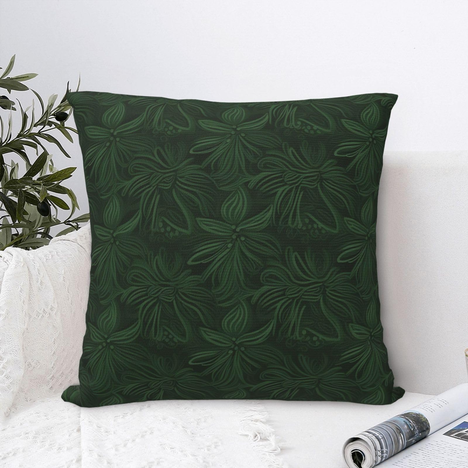 FodPand Luxury Velvet Throw Pillow Covers 20"x20" Super Soft Decorative Pillow Cases - Hunter Green Floral Petals Pattern Pillowcases Modern Lumbar Cushion Cases for Couch Sofa Bed Pillow Shams