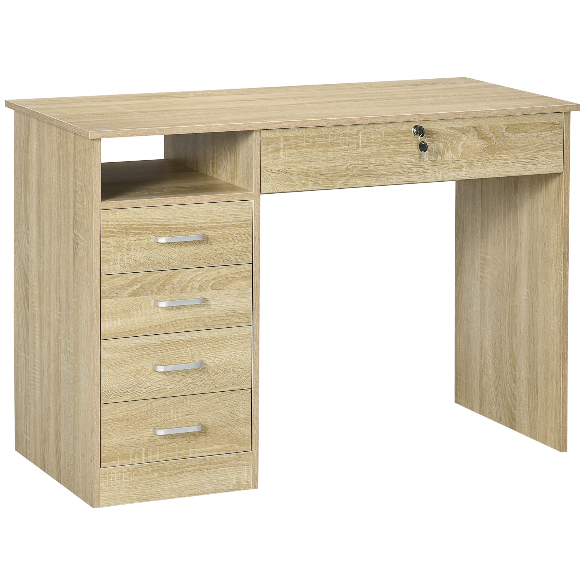 HOMCOM Modern Computer Desk Gaming Workstation - Brown - Lockable Drawers - Home Study