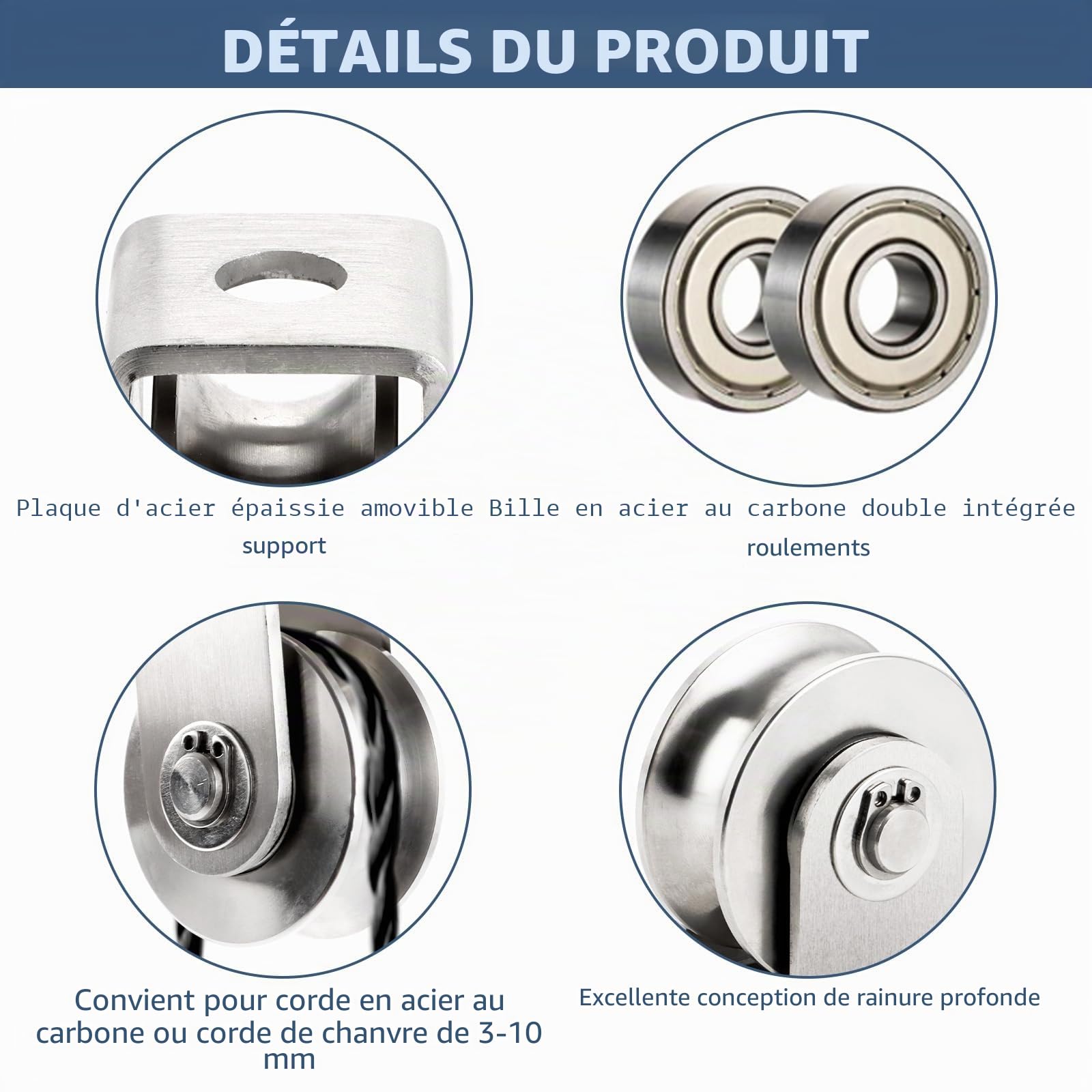 4 Pièces Poulie Inox 5,5 x 2,8 cm, Poulie de Renvoi avec Support, Roulette Gorge U 16 mm, Roue avec Roulement pour Câble, Rail, Porte et Bricolage