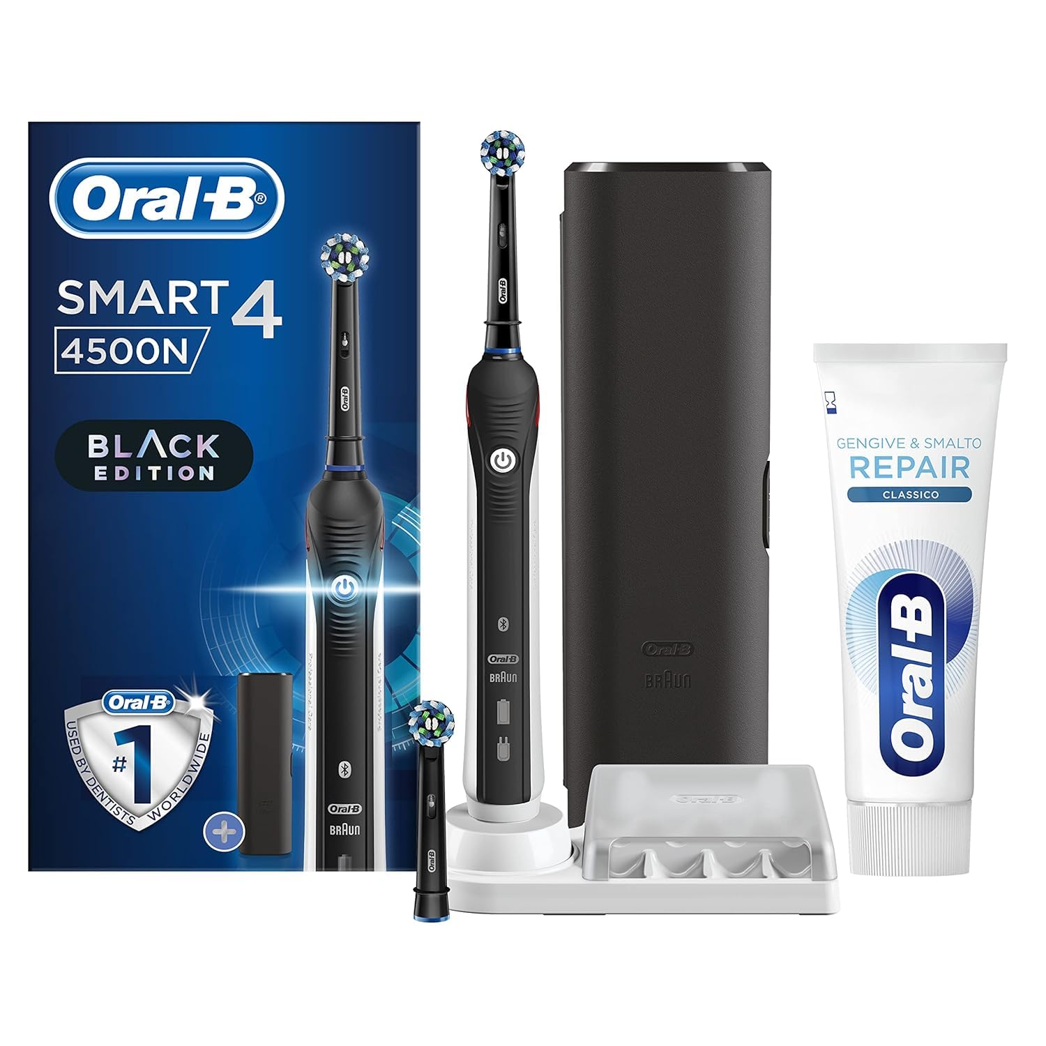 Oral-B Pro-Series 4500 Elektrische Zahnbürste, Ersatzbürstenkopf, Tasche, schwarz, 1 Aufsteckbürsten für elektrische Zahnbürste, wiederaufladbar + Oral-B Zahnpasta & Classic Repair Nagellack