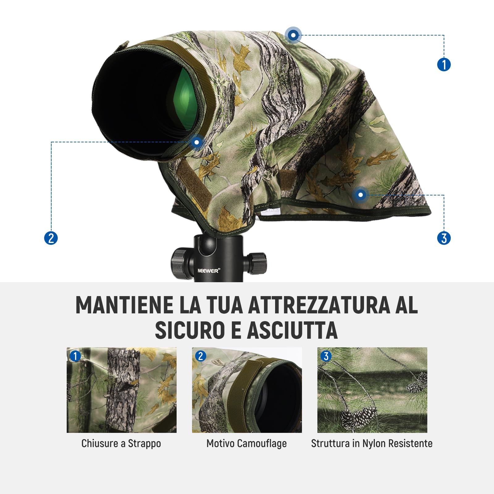 NEEWER Copertura Antipioggia per Fotocamera, Manica di Copertura Impermeabile Grande M per Canon Sony Nikon Fujifilm Fotocamera DSLR e Obiettivi Fino a 200mm, Nylon Camouflage a Doppio Lato, PB021