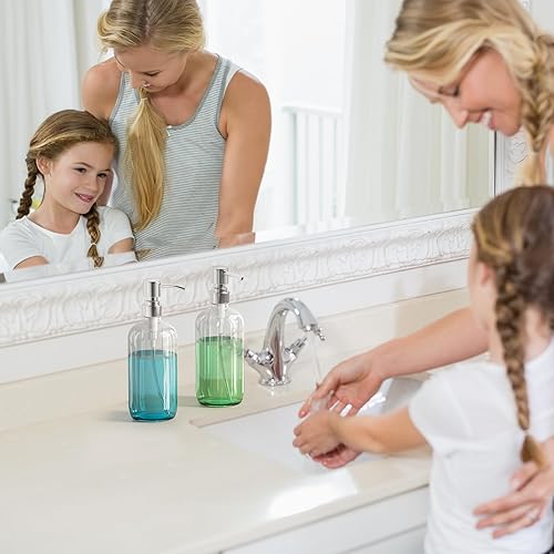 Vista 17 de AmazerBath Dispensador de jabón de vidrio ámbar, paquete de 2 botellas vintage marrón con bomba de acero inoxidable, botella dispensadora de jabón