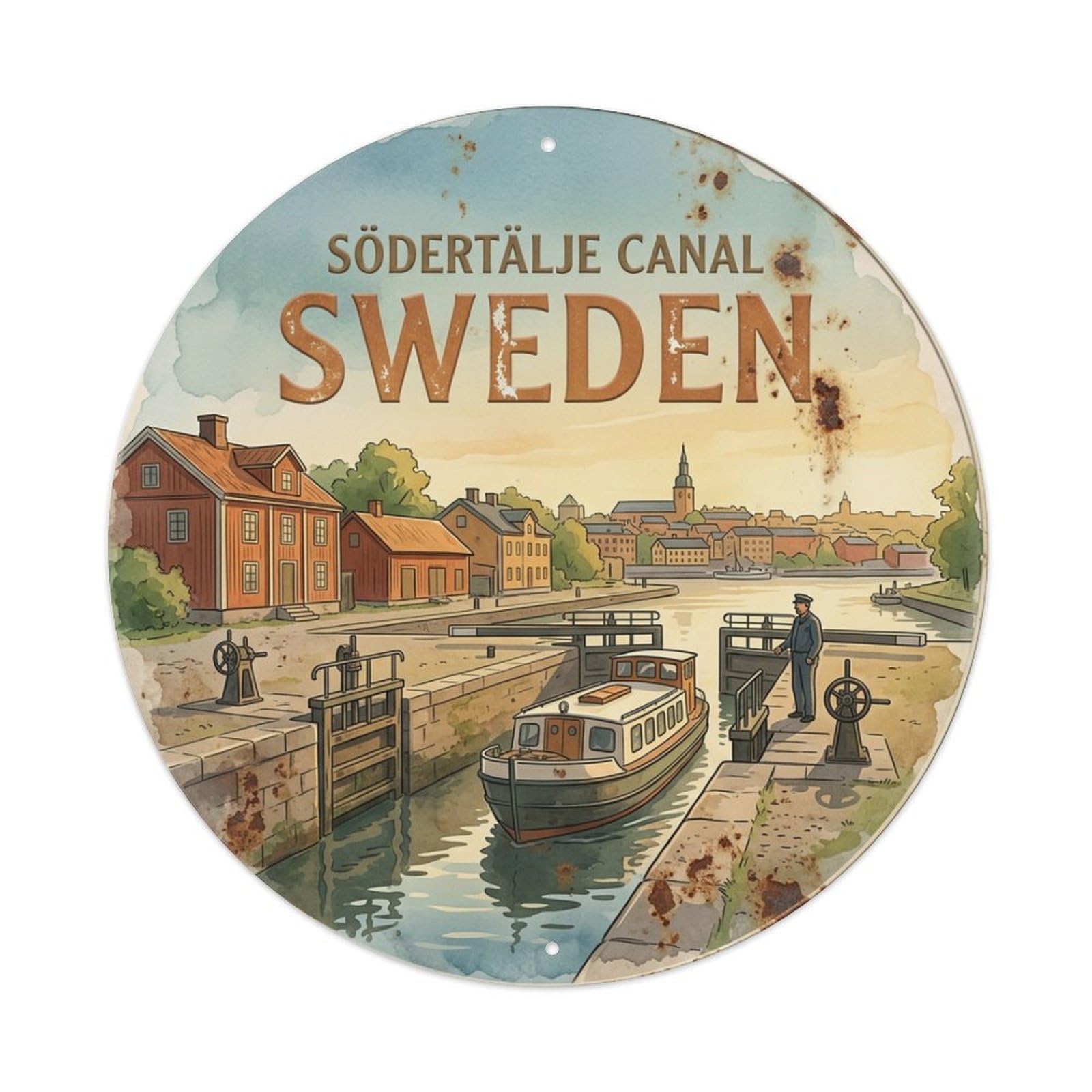 Vintage Travel Sodertalje Sweden Canal Metal Tin Sign