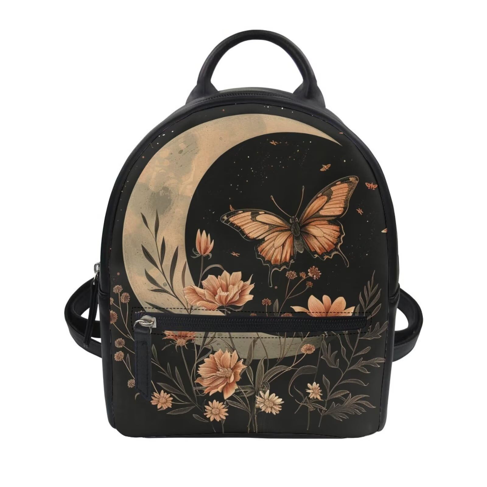 Gothic Butterfly Mini Backpack Purse for Women Moon Teenager Girls Small PU Leather Rucksack Flowers Casual Travel Daypacks Waterproof Backpack for School Students