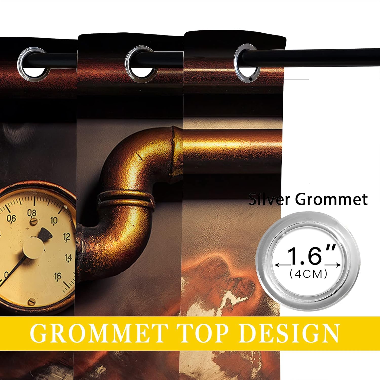 Industrial Blackout Curtains for Bedroom/Living Room Decor Steam Pressure Gauger Vintage Metal Grommet Thermal Insulated Drapes Darkening Window Curtain for Bedroom Living Room, 55 x 63 Inch