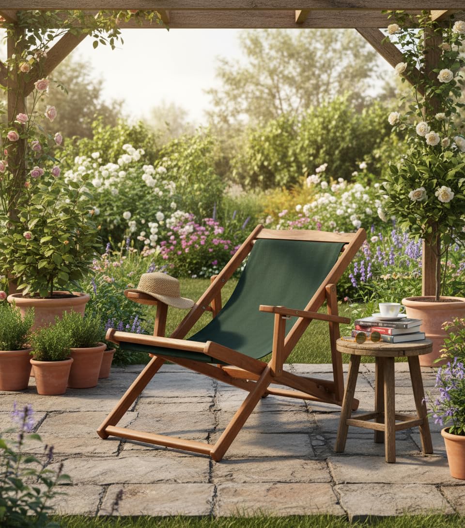 space panda Greg Folding Relax Chair with Green Fabric - Durable Wooden Frame Recliner, Comfortable Portable Deck Chair with Armrests, Ideal for Outdoor, Patio, Beach, Garden Seating