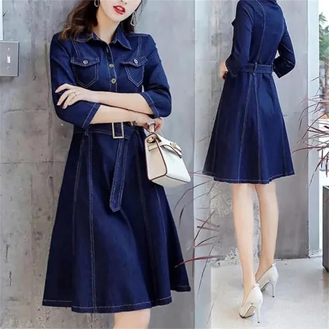 Womens Denim Dress Fashion Waist Thin All-Match Denim