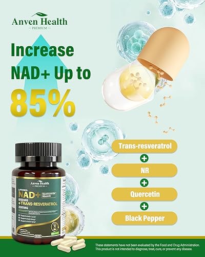 Miniatura 4 de Suplemento liposomal NAD+ nicotinamida ribósido de 550 mg con trans-resveratrol 200 mg - Quercetina, fisetina para el metabolismo, energía celular,