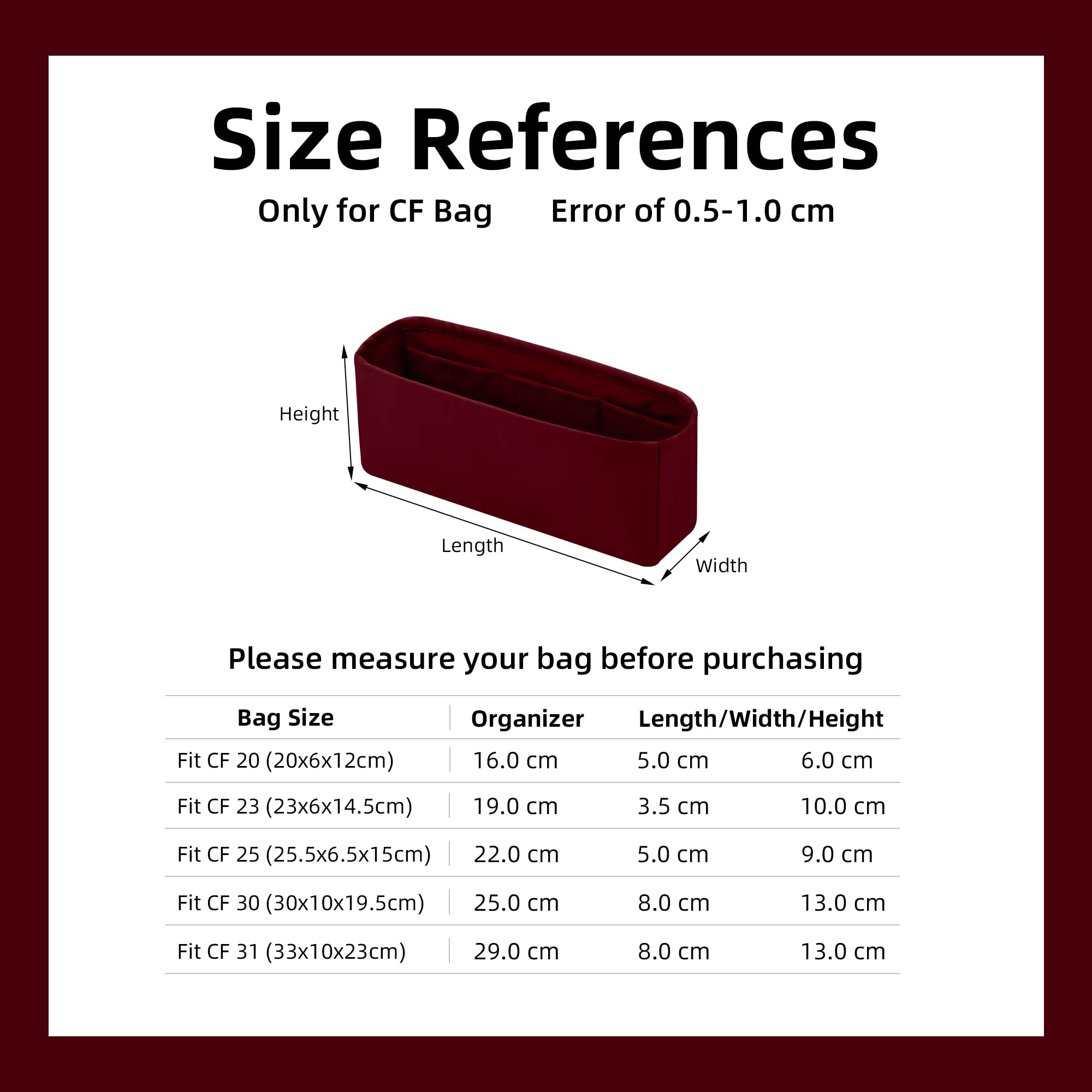 DGAZ Organizador para Bolso Chanel Classic Flap Medium 25, Vino rojo