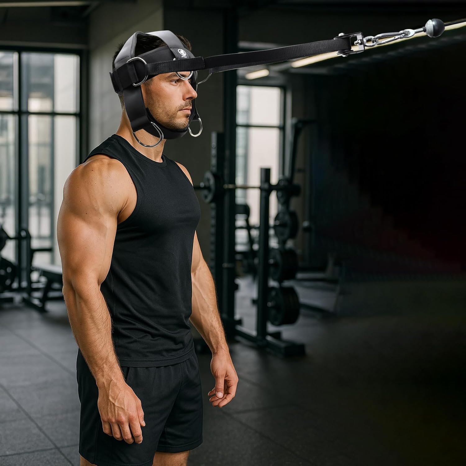 Neck Training Harness with Pulley System – Adjustable Head Strap for Side-to-Side Neck Strength Workout, Heavy-Duty Steel Chain for Weighted Vertical Training, Ideal for Powerlifting & Fitness