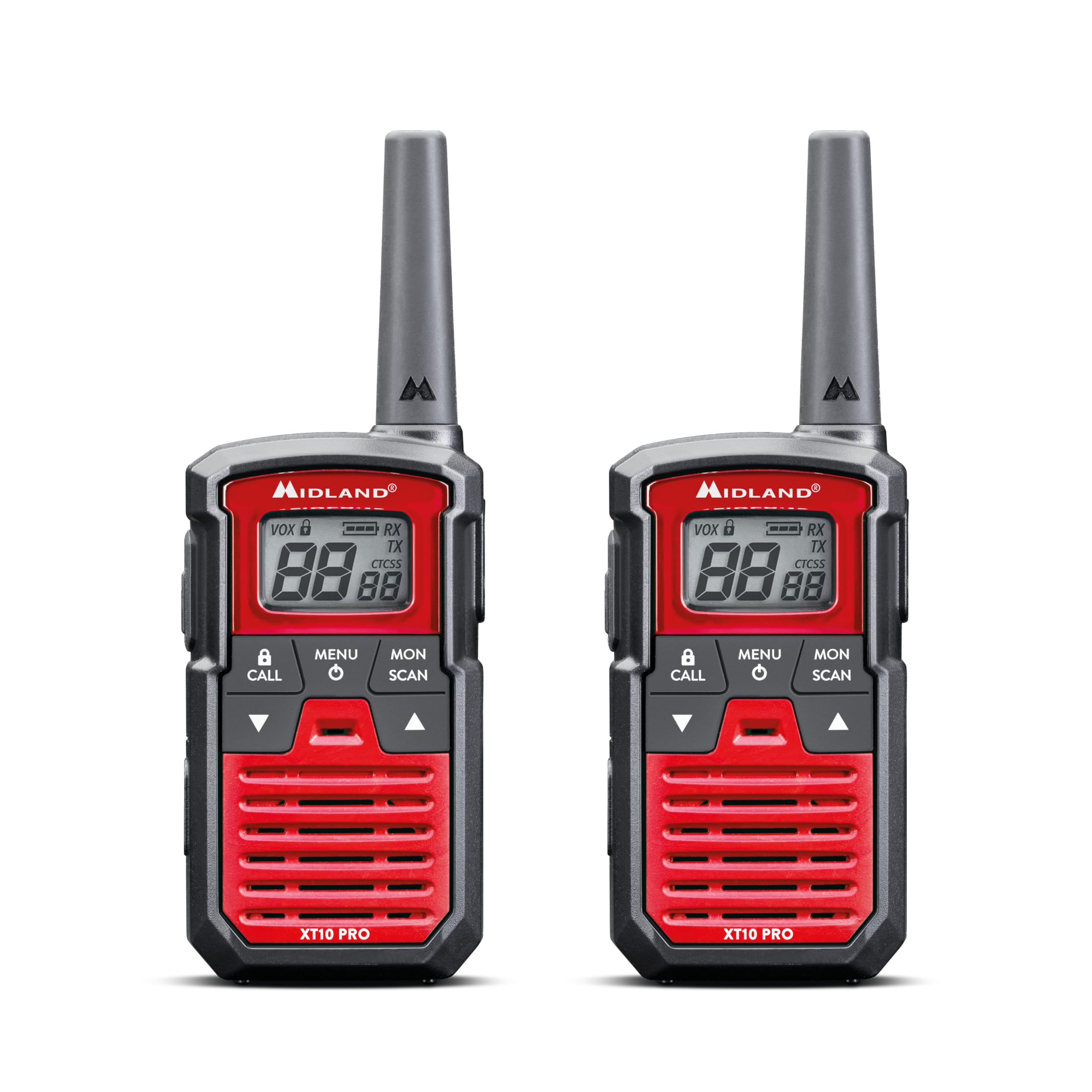 Midland - 2 Walkie Talkies XT10 PRO, Emisora Radioaficionado 16 Canales PMR446, Canal RRM Alcance 4 Km, 38 Tonos CTCSS, 2 Clips Cintura Incluidos, Supervivencia Accesorios y Airsoft