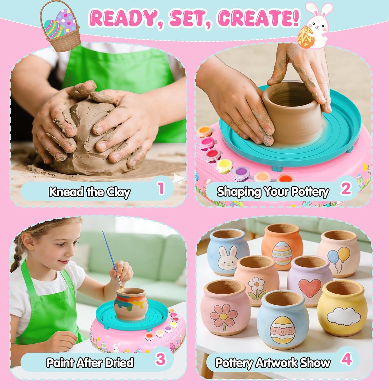 Easter Pottery Wheel for Kids Complete DIY Pottery Painting Kit, Arts and Crafts for Kids Ages 8-12 with 3 Air-Dry Clay Packs and Tools, Art Supplies Toys Birthday Gift for Boys Girls 6+ Years Old