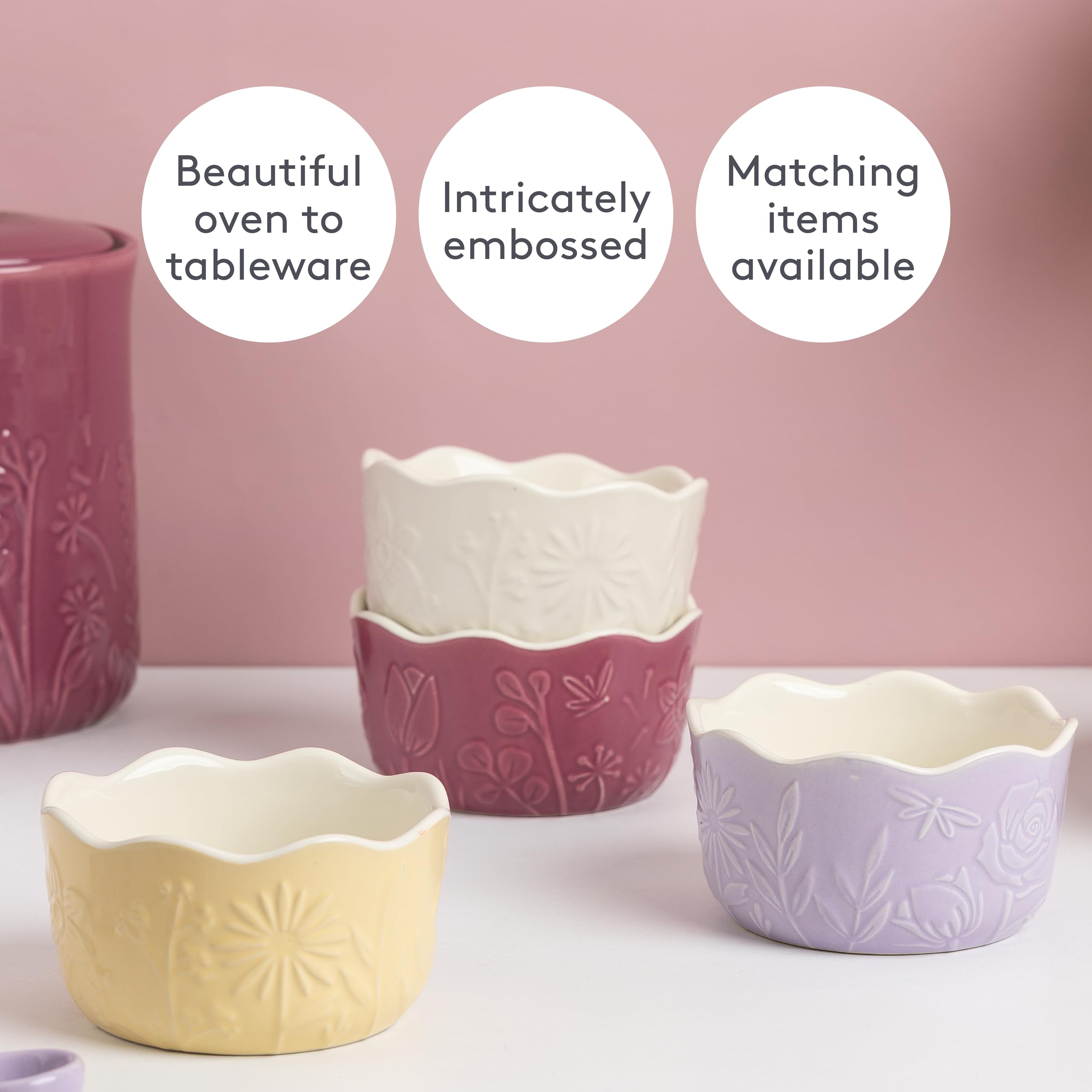 Mason Cash in The Meadow Lot de 4 ramequins 12 x 6 cm | 260 ml en grès gaufré floral pour desserts, trempettes et collations, allant du four à la table