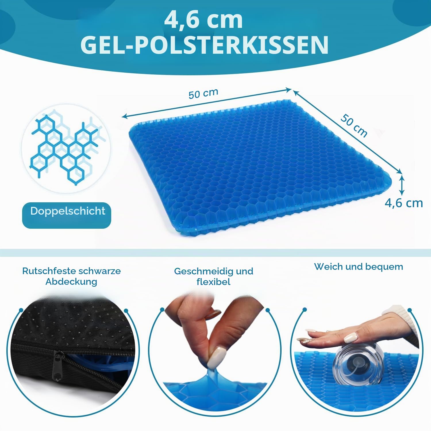 JAEMEYEM Gel-Sitzkissen (50,8 x 50,8 x 5,1 cm) für langes Sitzen, super große Gelkissen für ältere Menschen, Druckentlastung, Büro-/Schreibtischstuhl, Rollstuhl, Auto- und Flugzeugsitz, Couch