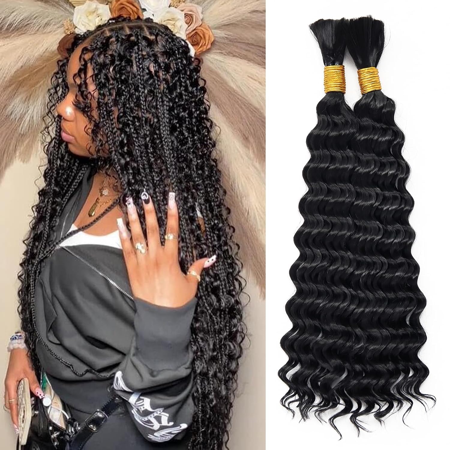 Human Braiding Hair 26 Inch Deep Wave Bulk Human Hair for Braiding No Weft 2 Bundle 100g 12A Brazilian Curly Human Hair Extensions for Boho Braids Wet and Wavy Human Hair Braiding Hair