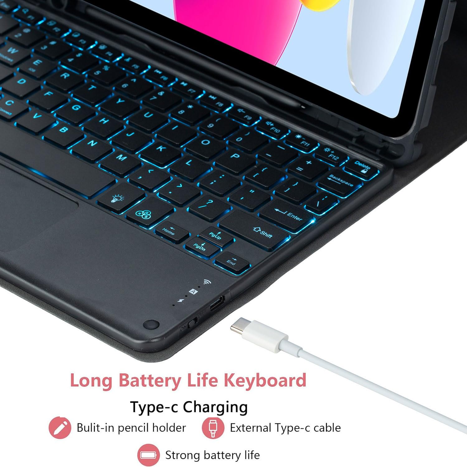 Keyboard Case for iPad (A16) 11 generacji 11 cali 2025/iPad 10 generacji 10,9 cala, Odłączana Klawiatura Smart Touchpad Z Podświetleniem W 7 Kolorach, Uchwytem Na Pióro I Myszką,Blue
