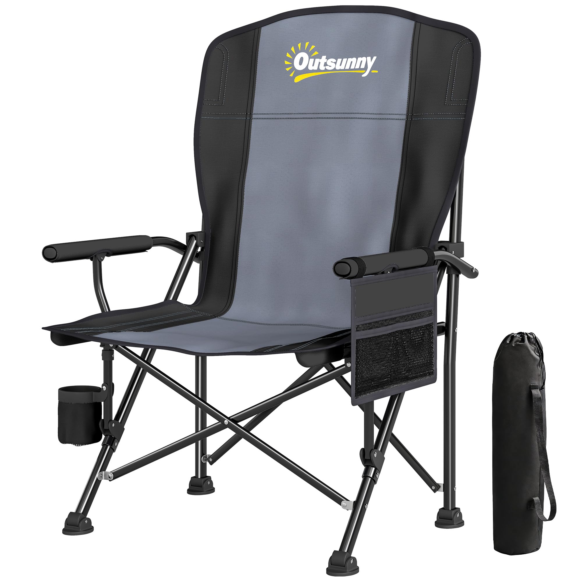 Outsunny Padded Camping Chair for Adults, Portable Folding Camping Chair with Side Pockets, Cup Holders and Carry Bag, Outdoor Seat for Garden, Fishing and Sports, Black