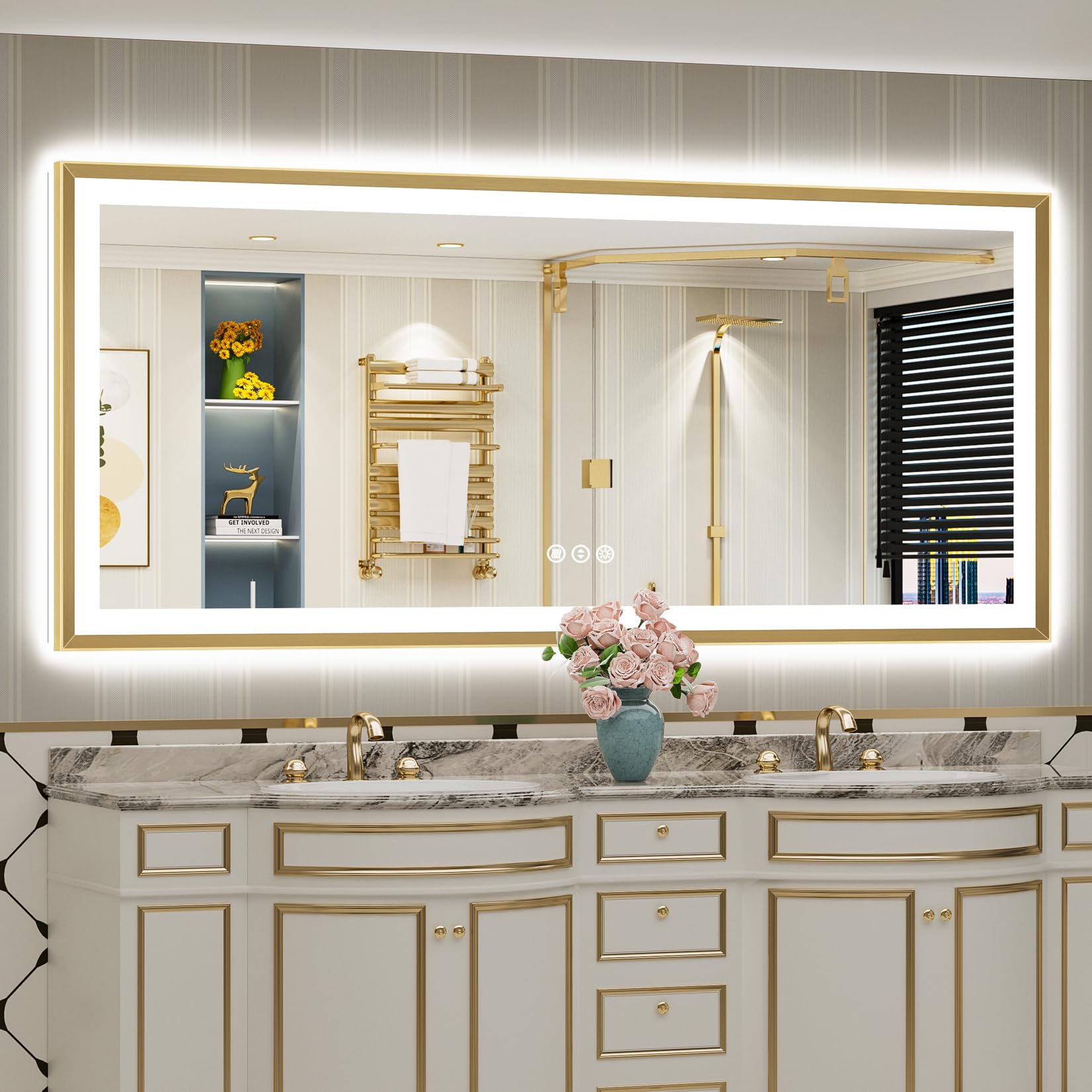 77x36 Gold Beveled LED Lighted Bathroom Mirror, Backlit &amp; Front Lit