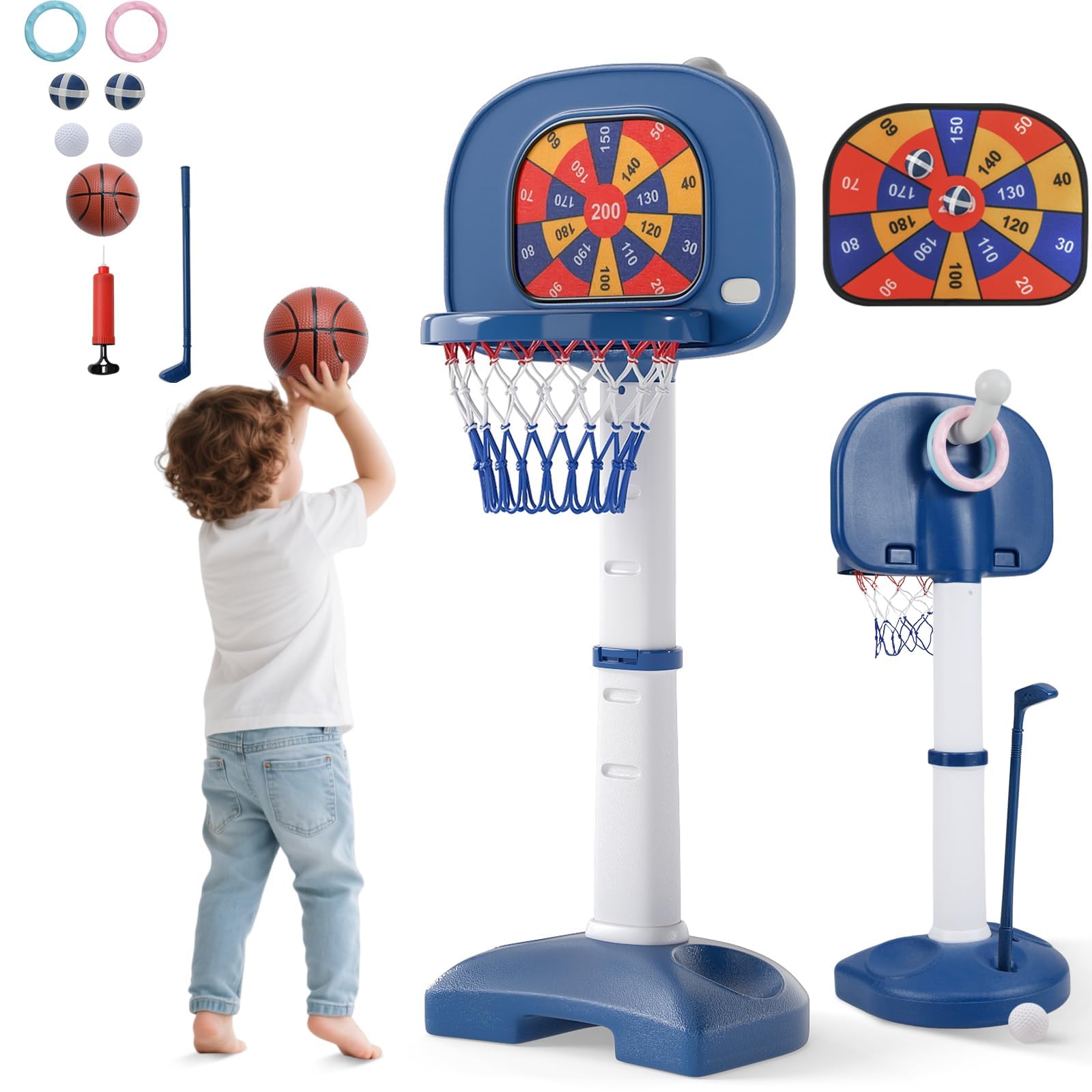 RELAX4LIFE Canestro da Basket 4 in 1 con Pallone da Basket, 2 Palline Adesive, 2 Palline da Golf, Bastone da Golf e 2 Anelli, Base riempibile, Set di Canestro Interno per Bambini 3 Anni＋