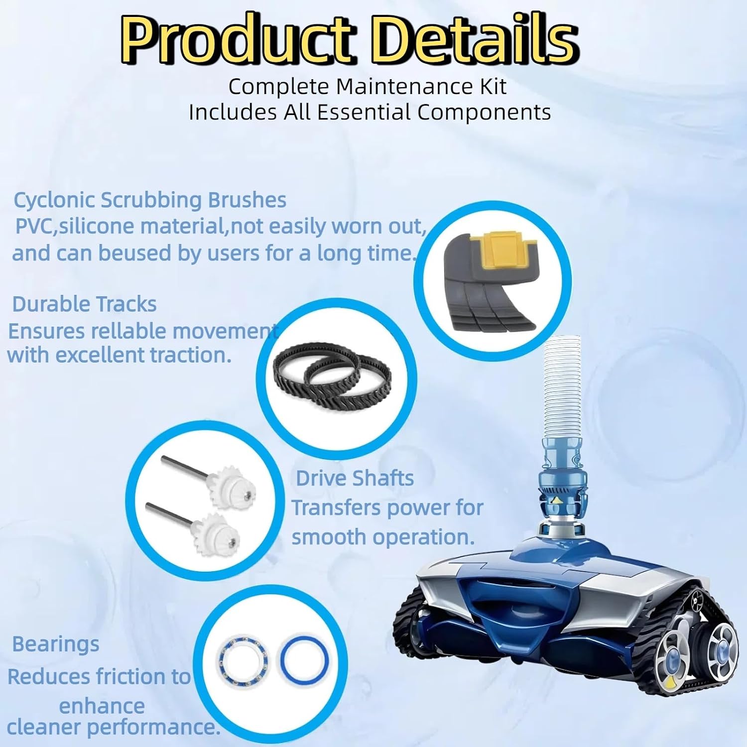 Pool Cleaner Rebuild Repair Kit for Zodiac MX8/MX8 Elite/MX6/MX6 Elite – Complete Replacement Parts Bundle with R0525100 Shaft, R0527000 Bearings, R0526100 Traction Bands & Cyclonic Brushes R0714400
