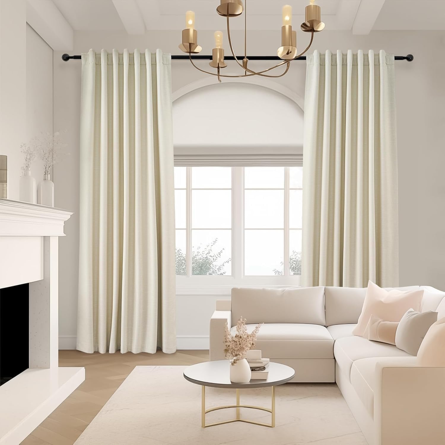 86 Inches Long Cream Colored Custom Blackout Linen Curtains Ivory Cream Pinch Pleated Noise Cancelling Curtains with Pin Hooks for Traverse Burlap Viral Drapes 2 Panels for Living Room Bedroom image 4