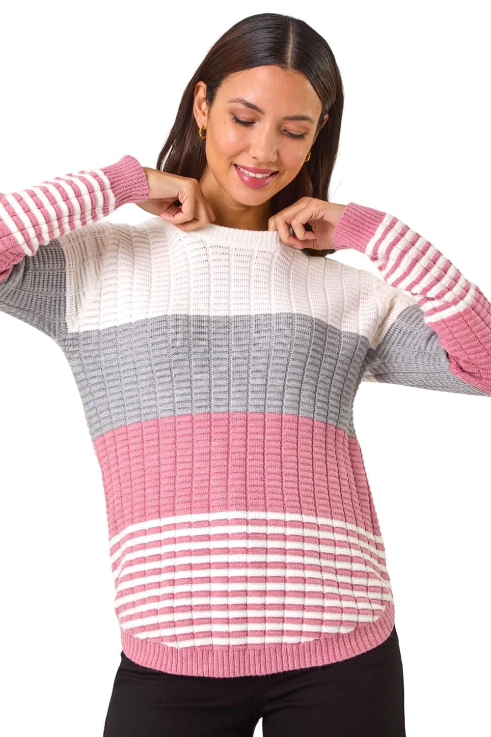 Roman Originals Textured Stripe Knitted Jumper for Women UK - Ladies Everyday Autumn Winter Round Neckline Comfy Soft Evening Vacation Work Party Night Out - Pink - Size 20