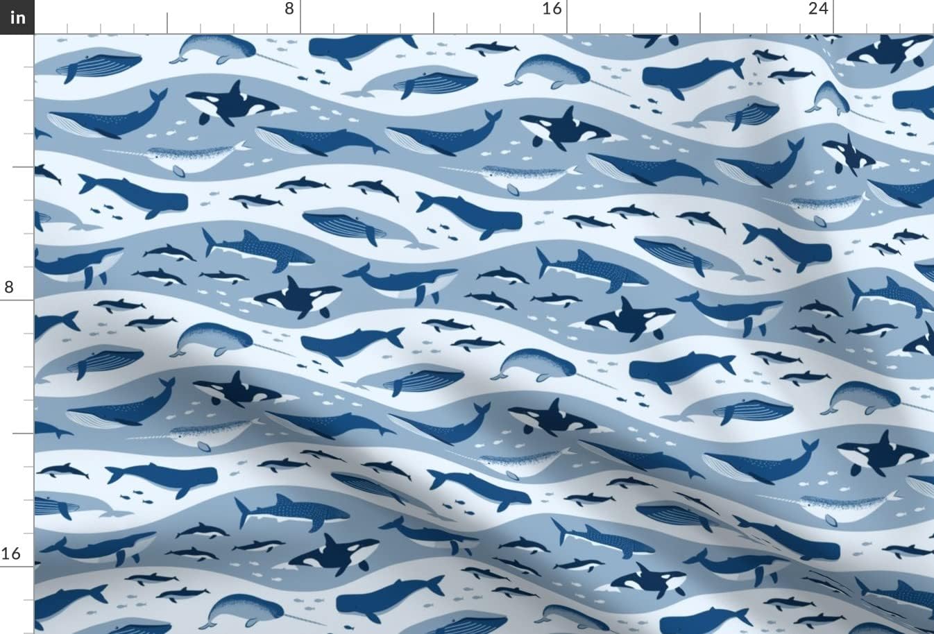 Spoonflower Fabric - Whale Blue Waves Medium Scale Whales Fish Sea Ocean Life Modern Beach Printed on Upholstery Velvet Fabric Fat Quarter - Upholstery Home Decor Bottomweight Apparel