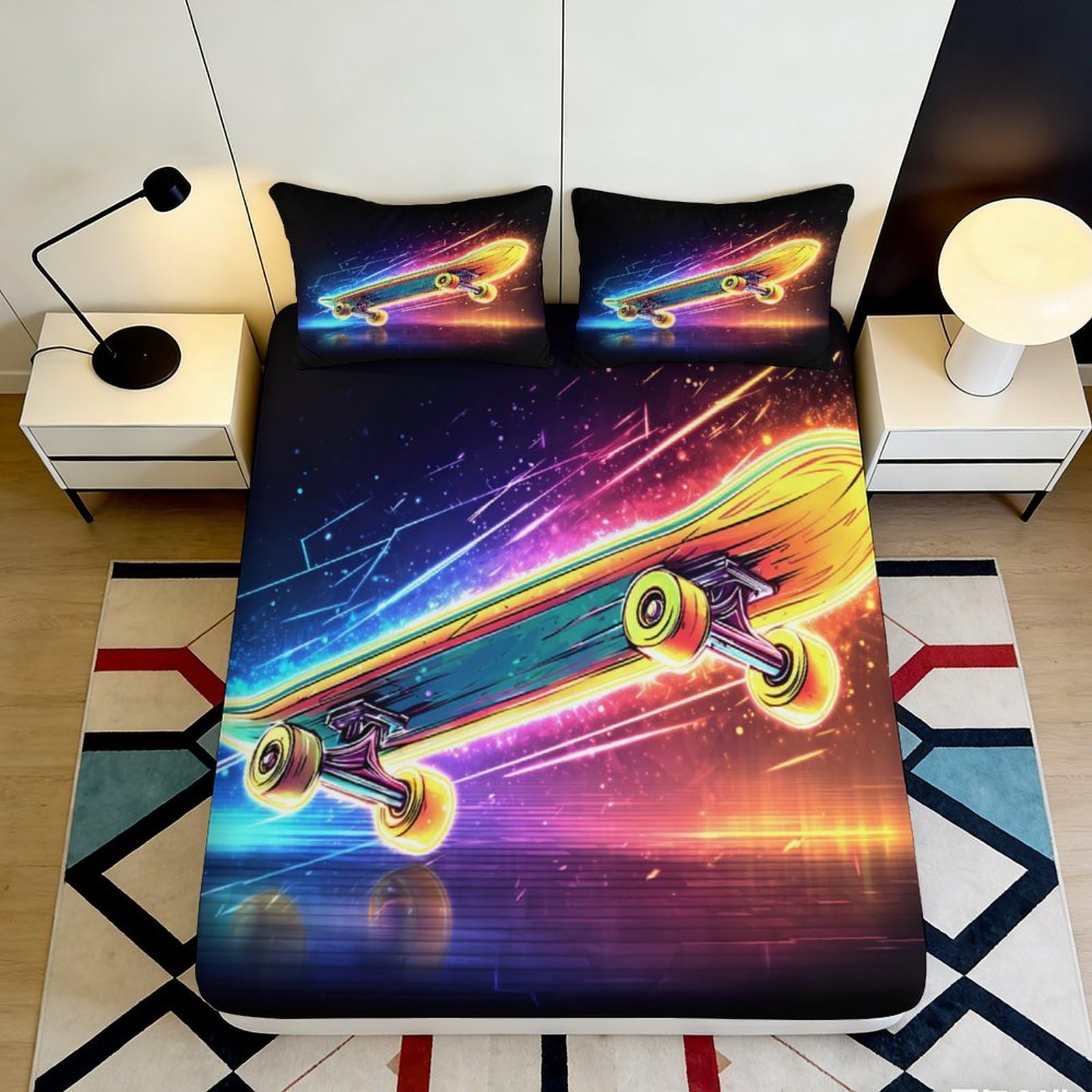 3D Printed Neon Skateboard Fitted Sheet Microfiber Soft Breathable Graffiti Bed Cover for Bedroom Dorm Decor 140x200x25cm