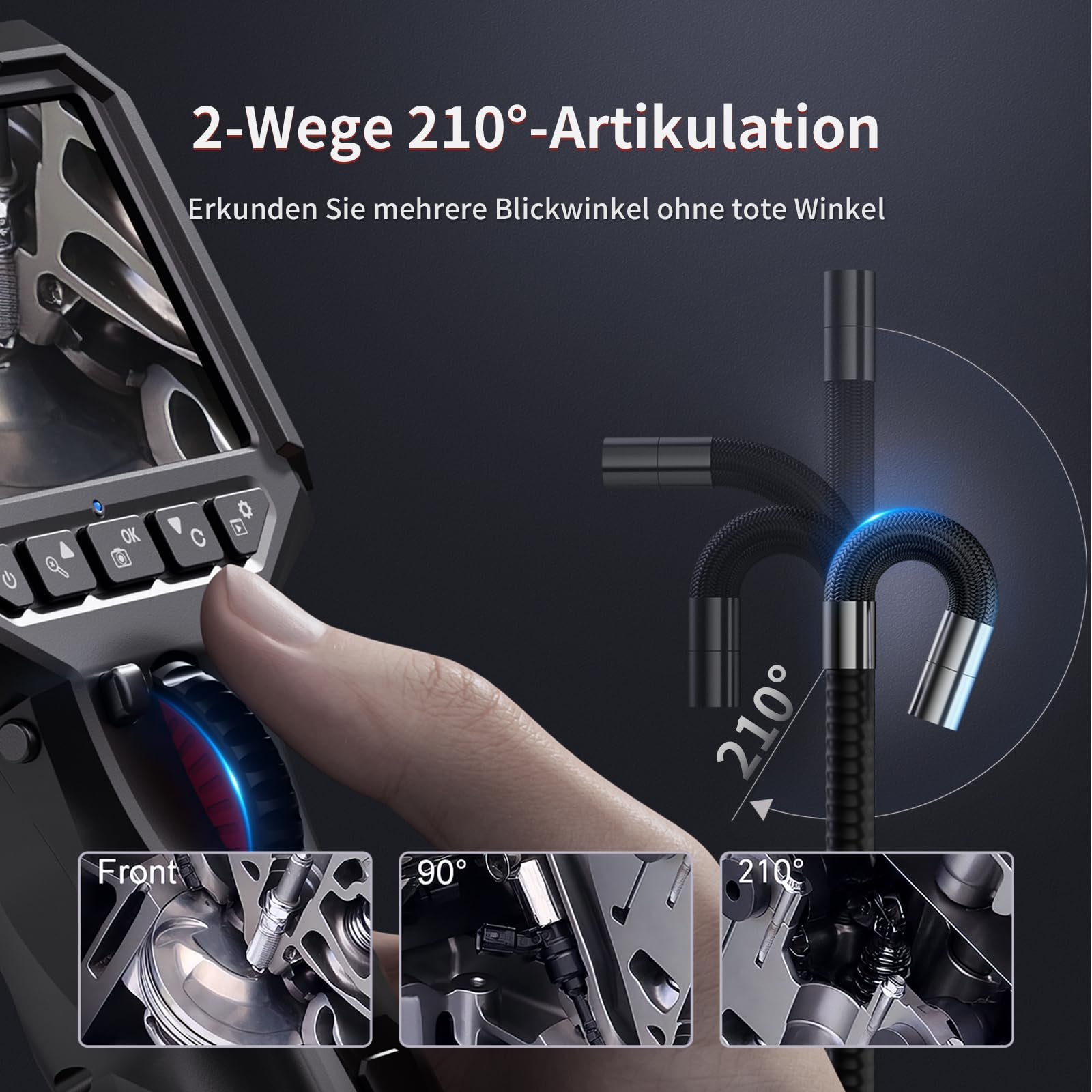 Ralcam Telecamera Endoscopica Rotante 210°, Schermo HD 3,5", Sonda 6,2mm Semi-Rigida Impermeabile per Ispezione di Motore, Veicoli e Tubi (Cavo 2m)