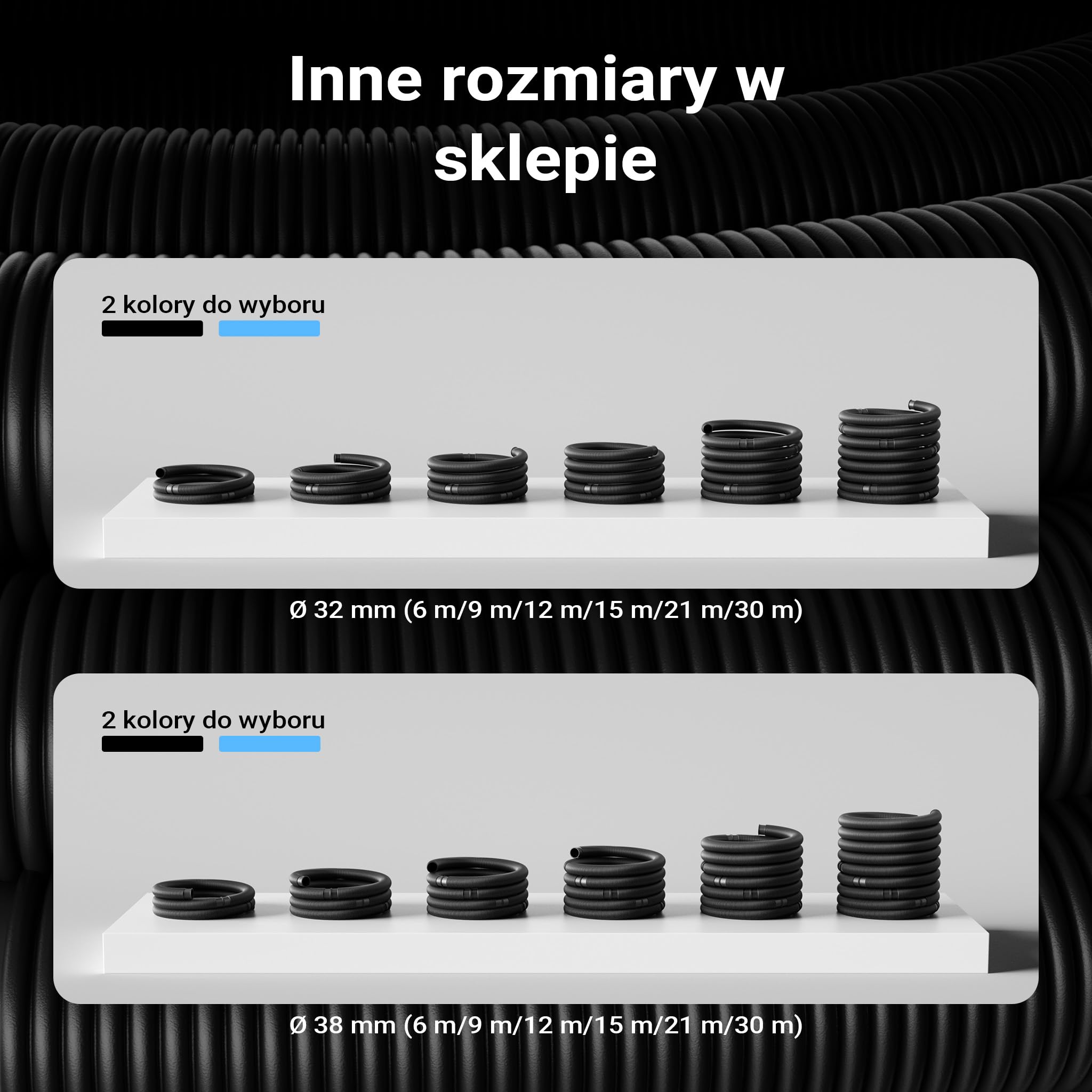 Wiltec Wąż do basenu o długości 21 m, Ø 32 mm czarny wąż ssący do pompy basenowej z mufami, wąż solarny - Made in EU