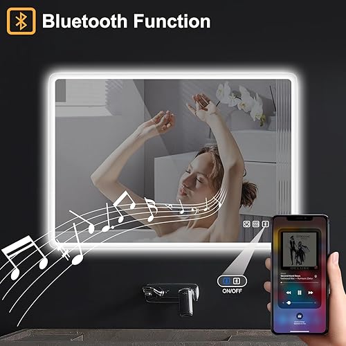 Miniatura 10 de S'bagno Espejo de baño con iluminación LED de 32 x 24 pulgadas, para montaje en pared, regulable, espejo de tocador, altavoz Bluetooth, antivaho,