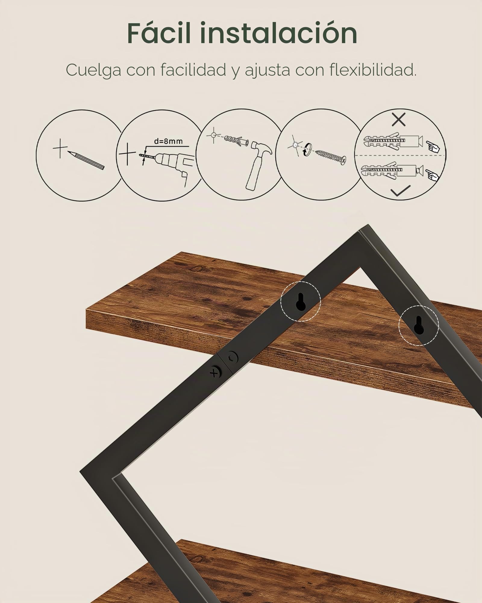 CHOEZON Estanterías Flotantes de Pared, Juego de Estantes de 2 Piezas, Estantes de 2 Niveles, para Sala de Estar, Dormitorio, Cocina, Oficina, Estudio, Marrón Vintage y Negro DTBJ01P2BF