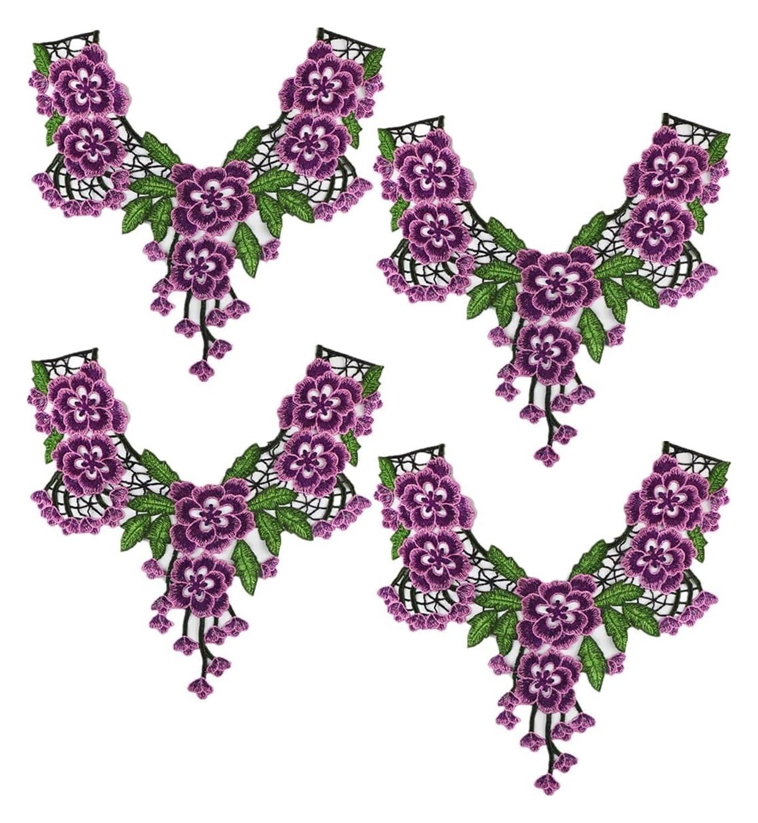 Naszywki na ubrania, 4 pary haftowanych kwiatowych aplikacji na dekolcie(Purple)