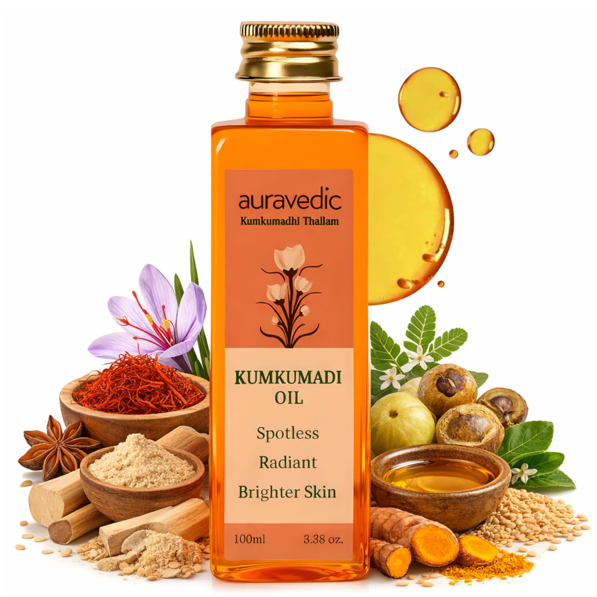 Auravedic Kumkumadi Oil with Pure Saffron | Radiance Enhancing Face Oil for Dull, Dry & Uneven Skin | Lightweight Hydrating Formula for a Smooth, Glowing Complexion | 3.38 Fl Oz (100ml)