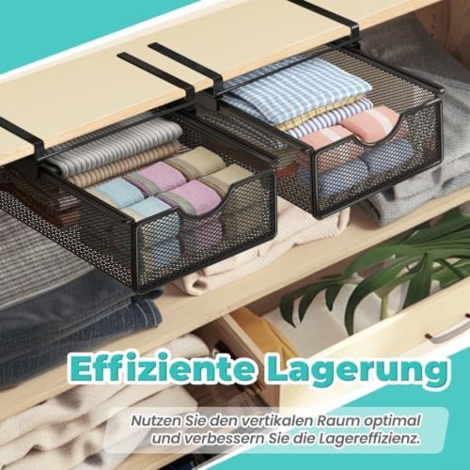 Ausziehbarer Korb unter dem Regal, hängende Schublade mit Stahlrahmen für Schlafzimmer-Organisation, entworfen, um den Platz im Schrank zu maximieren und Gegenstände sichtbar zu halten