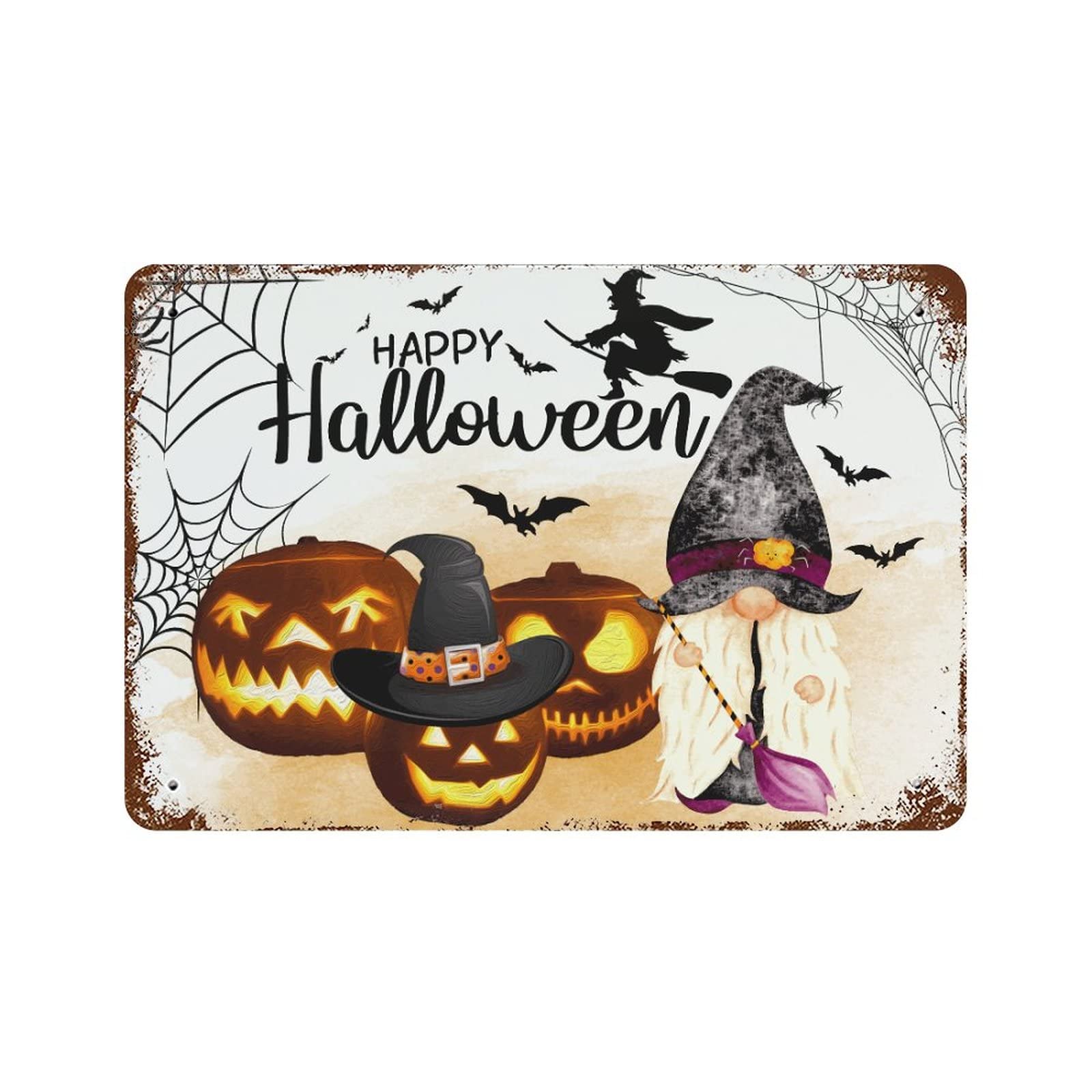 Panneau en métal Happy Halloween avec citrouille et nain pour décoration extérieure 30x45 cm