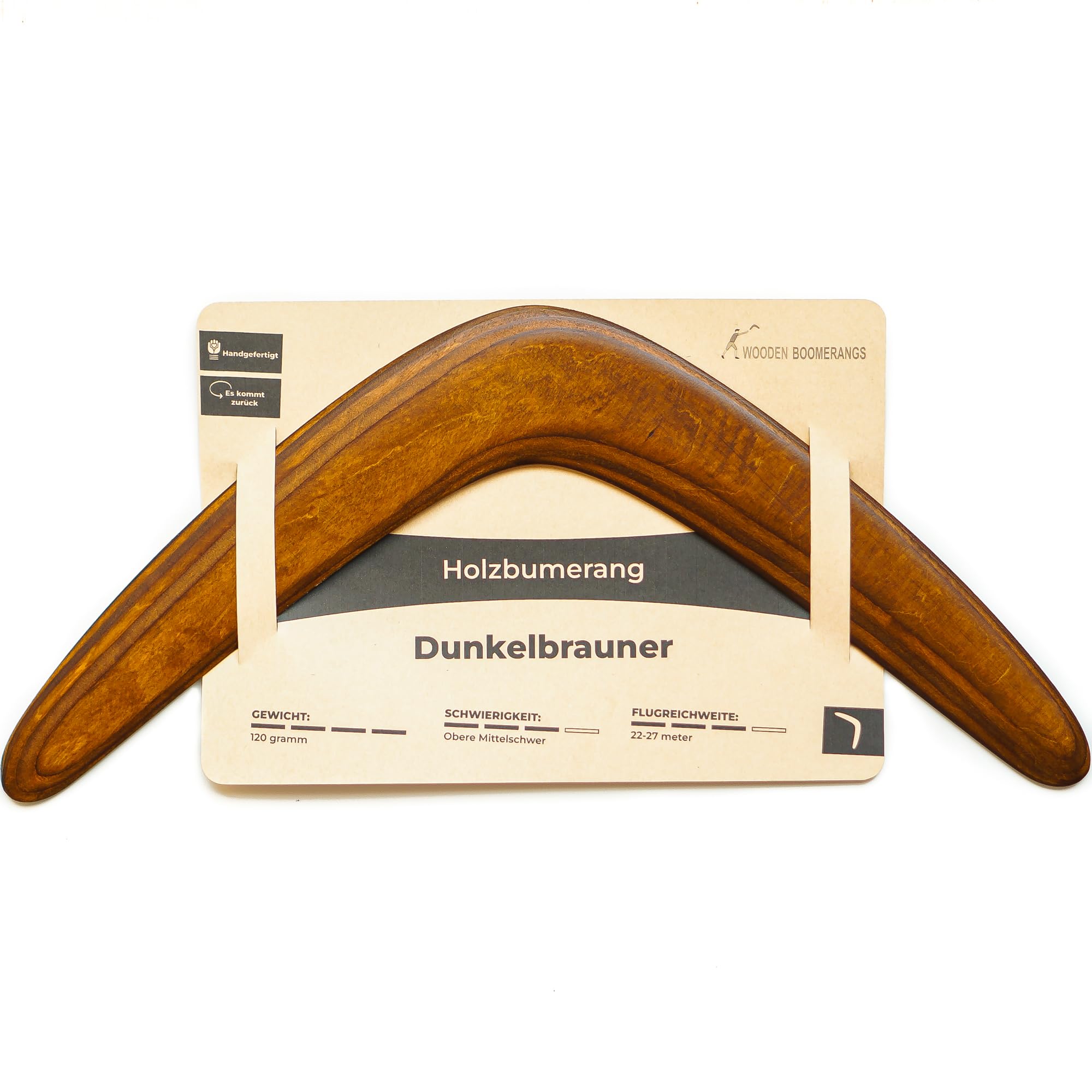 Premium Holz-Bumerang „Dunkelbraun“ – Traditionell handgefertigt mit 100% Rückkehrgarantie, wenn er richtig geworfen wird – Perfektes Wurferlebnis für Sport & Freizeit! Bumerang für erwachsene