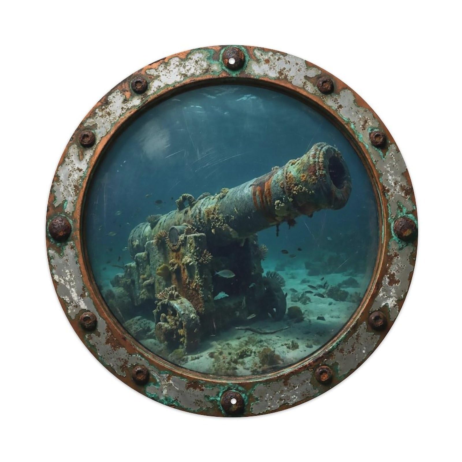 Odgynaw 8X8inch(20X20cm) Vintage Porthole Sunken Cannon Nautical Window View Metal Tin Sign
