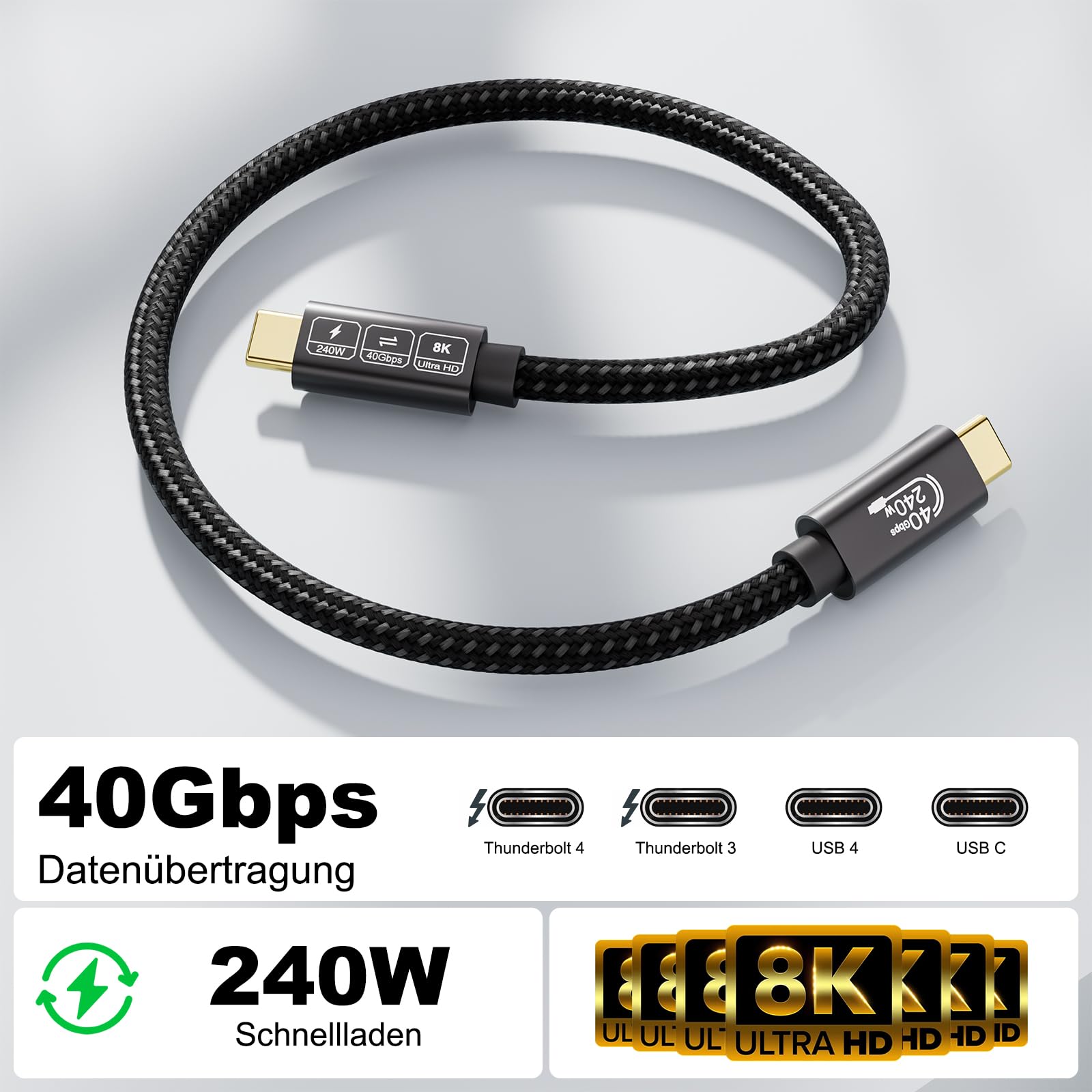 USB4 Kabel mit Thunderbolt 4 Kabel 3m,40Gbps Datenkabel,Schnellladung 240W 48V/5A,8K@60Hz 4K@144Hz Thunderbolt 3 Kable für iPhone16,iPhone15,MacBook,Monitor, Galaxy S24,iPad,Switch,VR,eGPU