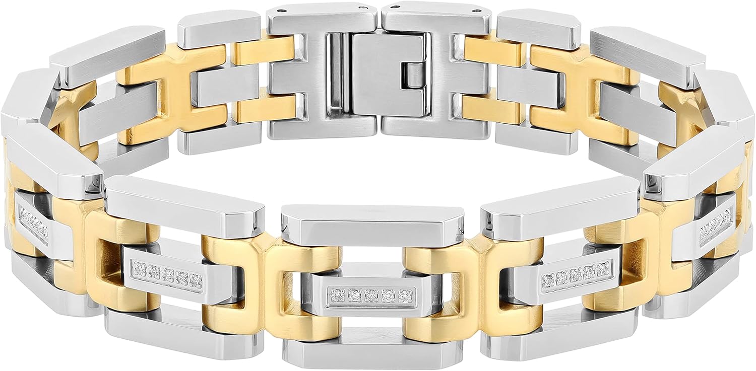 Men's 8.5" Two Tone Diamond Link Bracelet, Gold-Plated Stainless Steel Single Locking Clasp