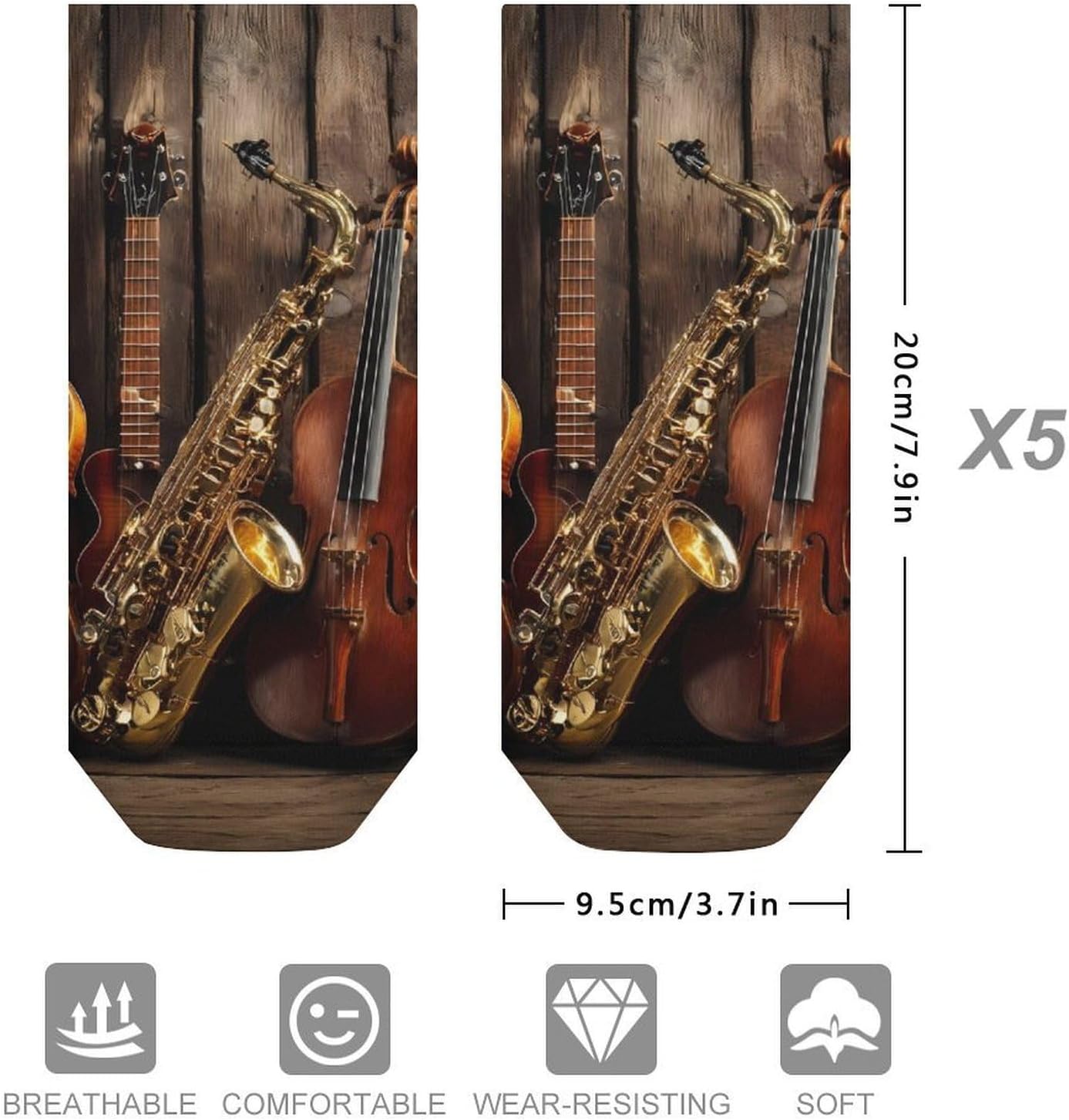 Guitar Violin Saxophone Musical Instruments Men Socks No Show Low Cut Ankle Sock