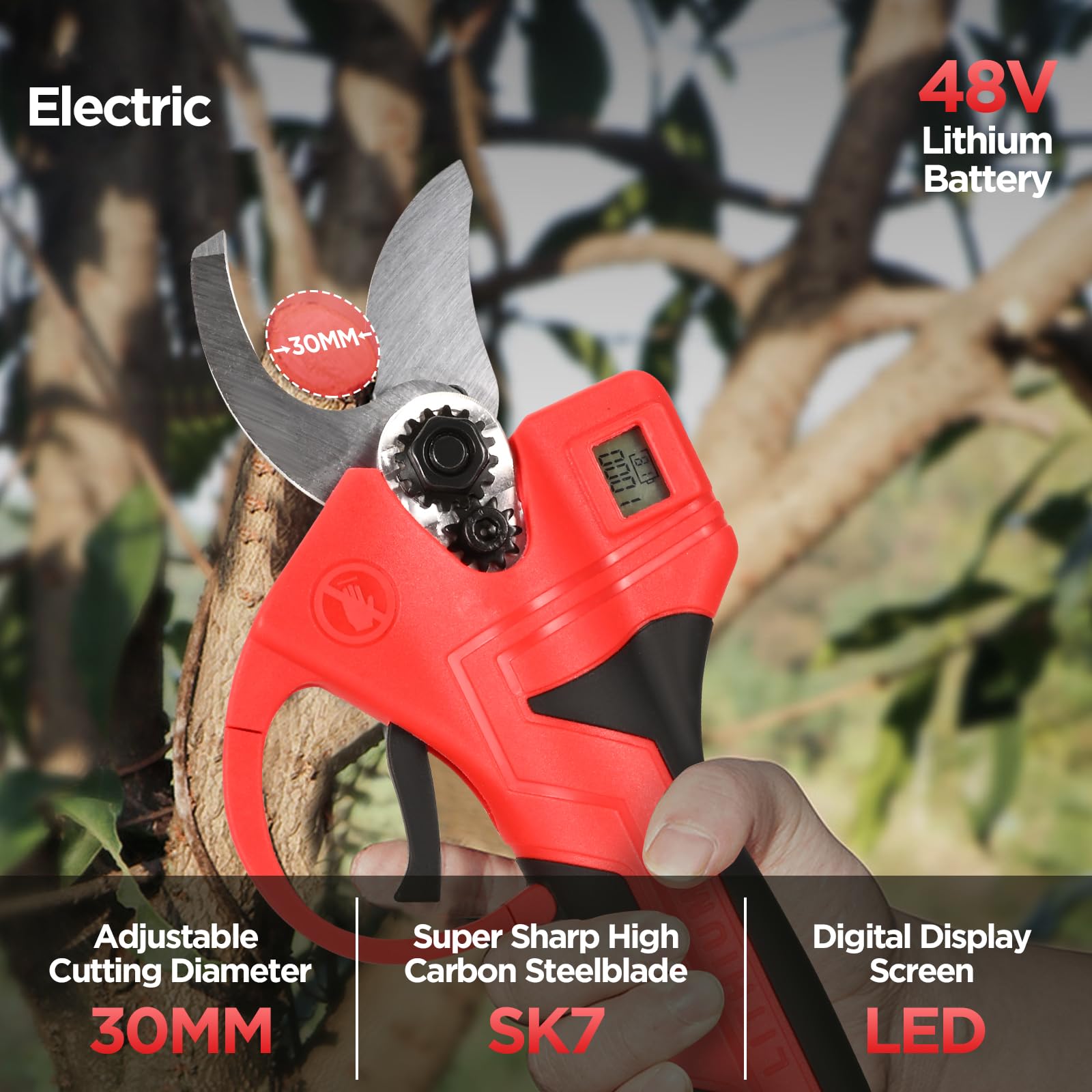 Tijeras de Podar Eléctricas, 30mm Tijeras de Podar con Batería Profesional, Tijeras de podar inalámbricas con Motor Brushless, 2 * 2000mAh Batería, Pantalla LCD, Sk7 Cuchilla para Jardinería,Árboles