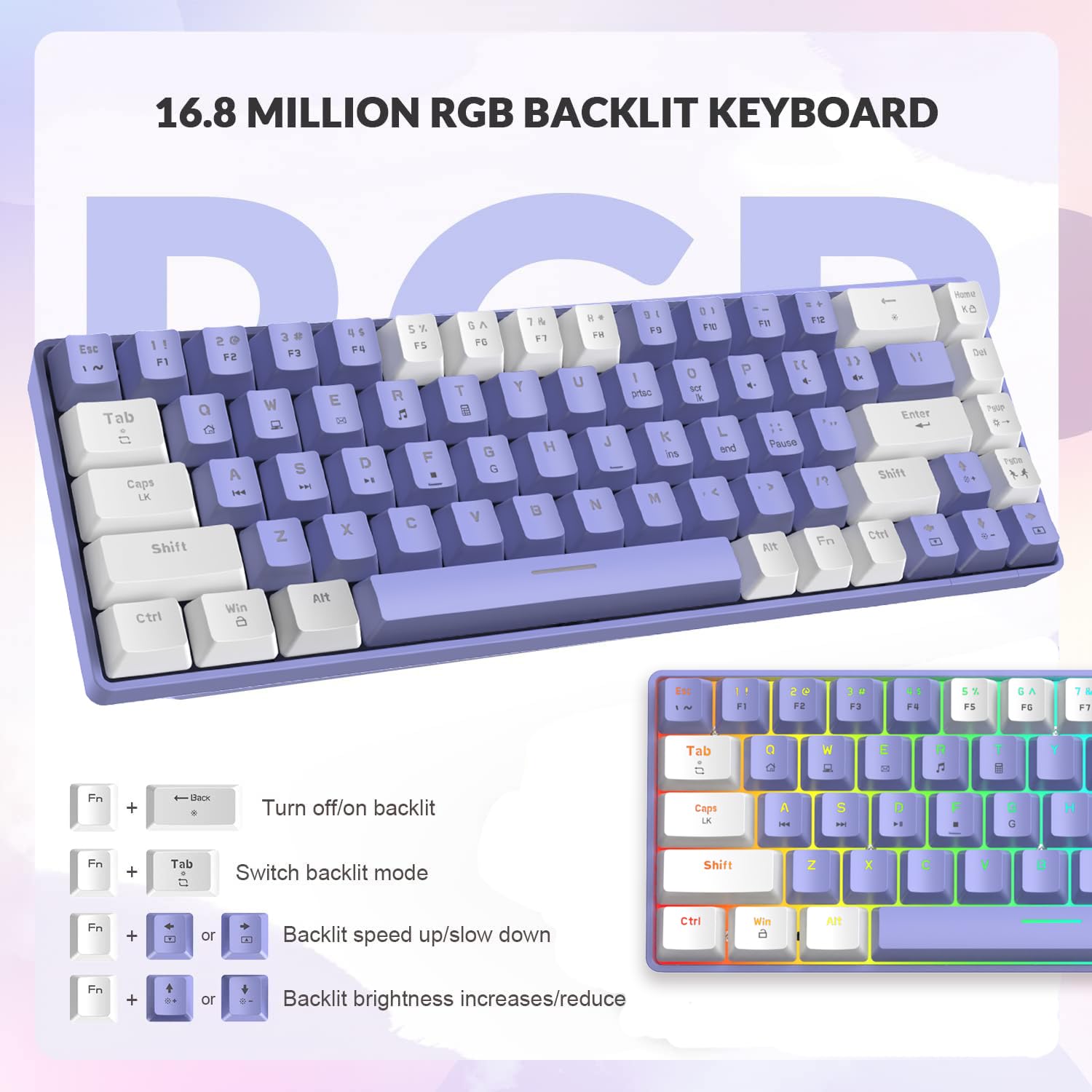 T8 RGB Tastiera Meccanica 60% – 68 Tasti, Interruttori Blue, Retroilluminazione RGB 18 Effetti, Anti-Ghosting, Per PC E Xbox