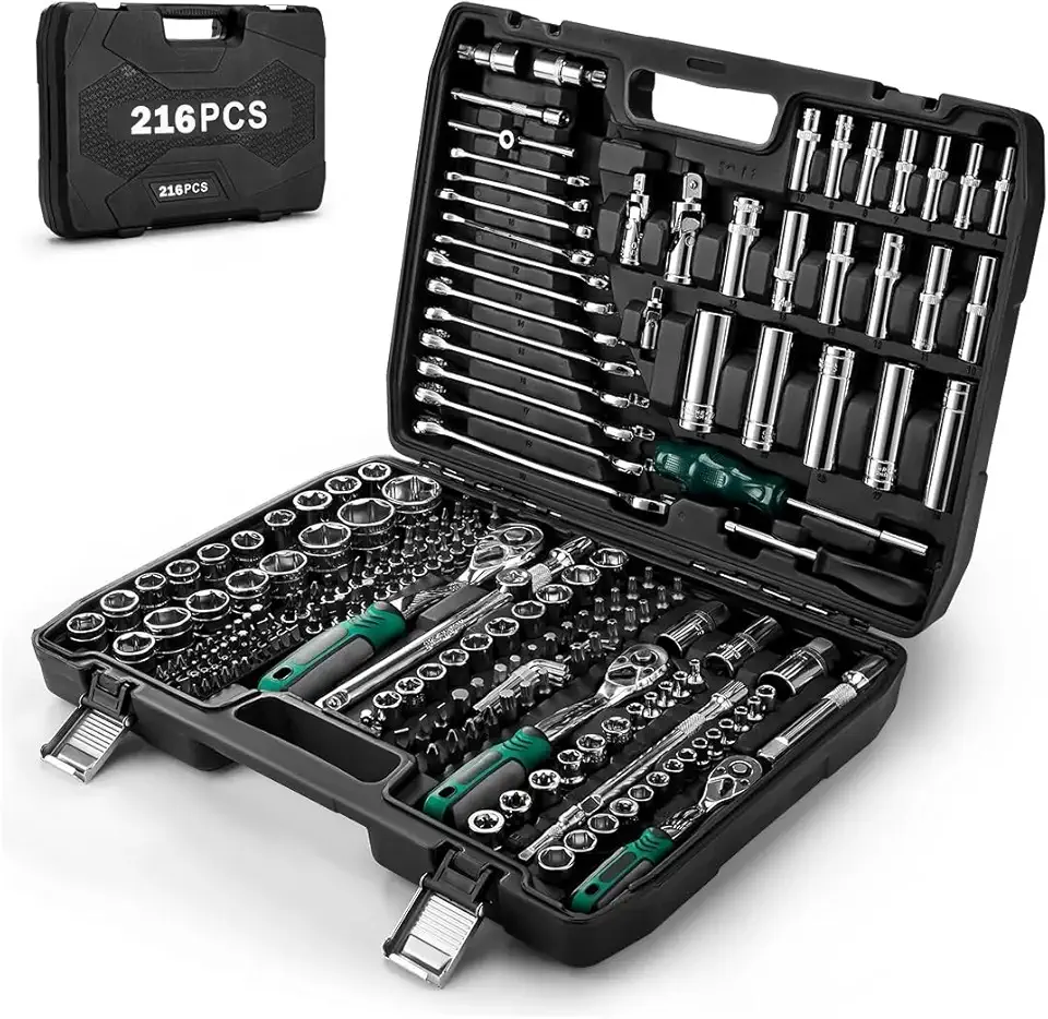 Jogo de Chave Catraca 216 Peças, Kit Soquete, Conjunto Maleta de Ferramentas Manuais Completo, Catraca 72 Dentes, para Reparos Automotivos e Domésticos