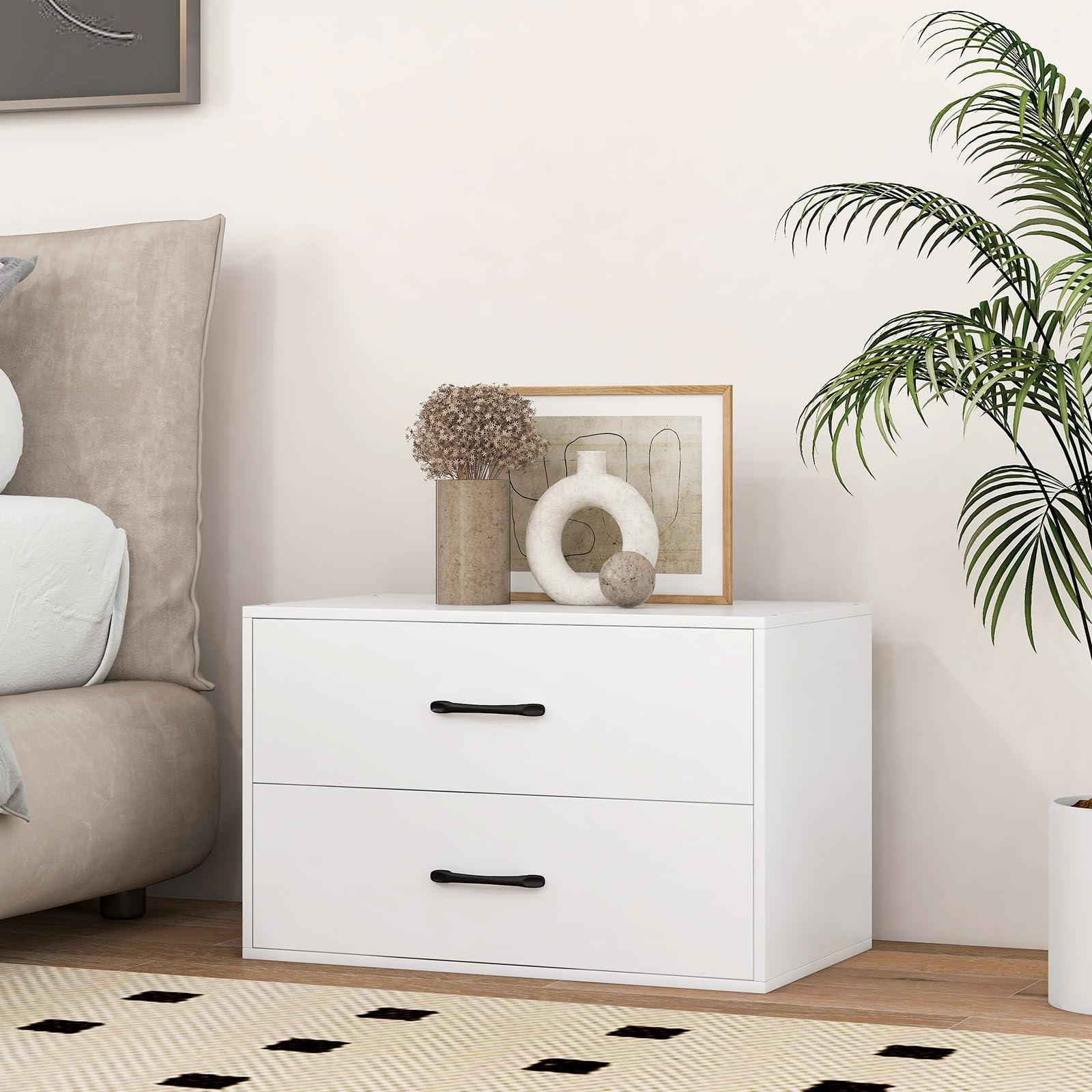 FANTASK Cassettiera Impilabile con 2 Cassetti, 60 x 34 x 38 cm, in Legno, Bianco, per Soggiorno, Camera da Letto, Ufficio
