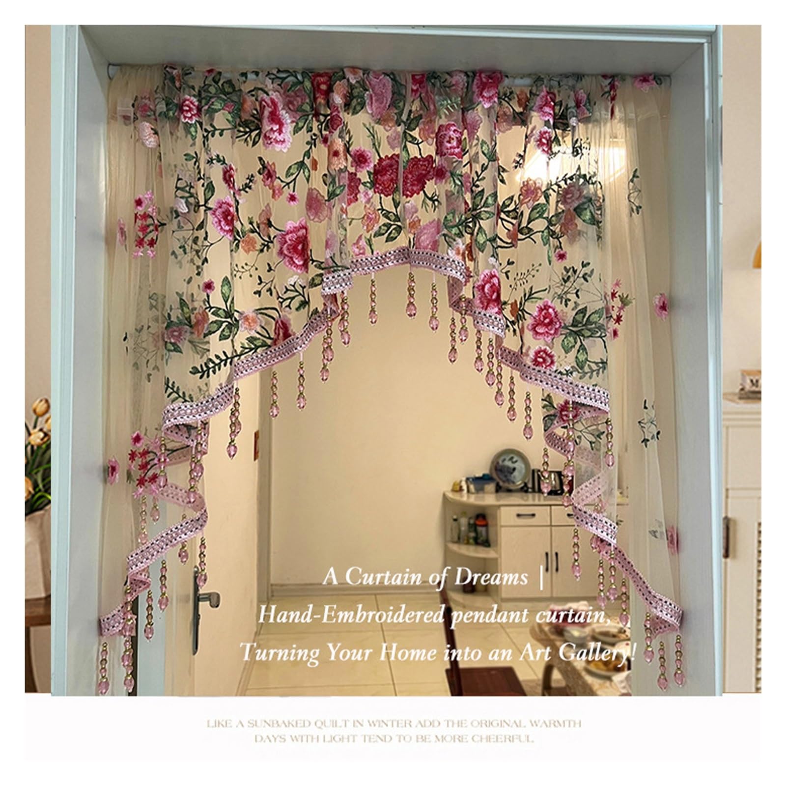 Rideaux de porte, cantonnière courte en dentelle, demi-rideau décoratif, rideaux de porte-fenêtre avec perles, broderie florale, rideau séparateur de pièce, for salon, salle de bain(Pink,65-105cm)