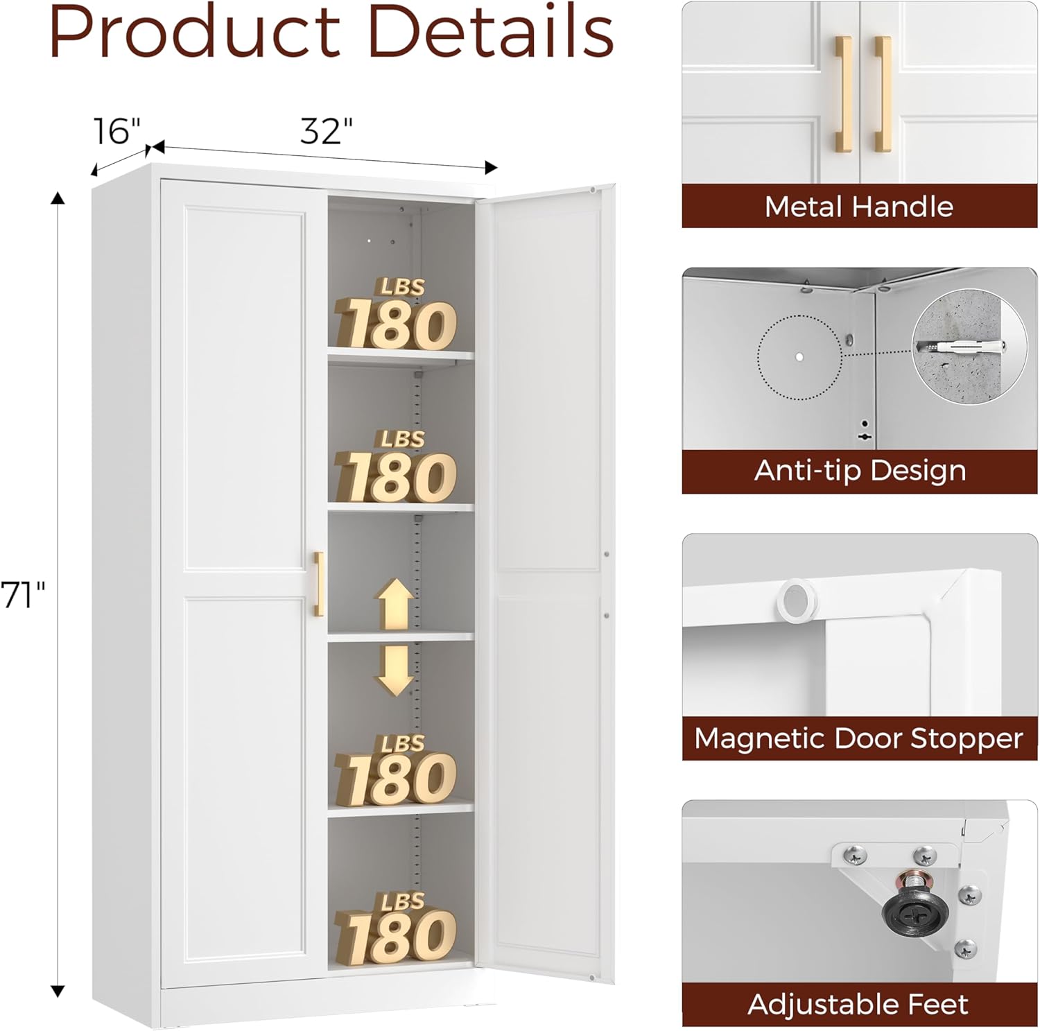 71" Tall Metal Pantry Cabinet, White Kitchen Pantry Storage Cabinet with 4 Adjustable Shelves and Gold Handles, Cupboard for Kitchen, Dining Room, Living Room, Bathroom - Image 3