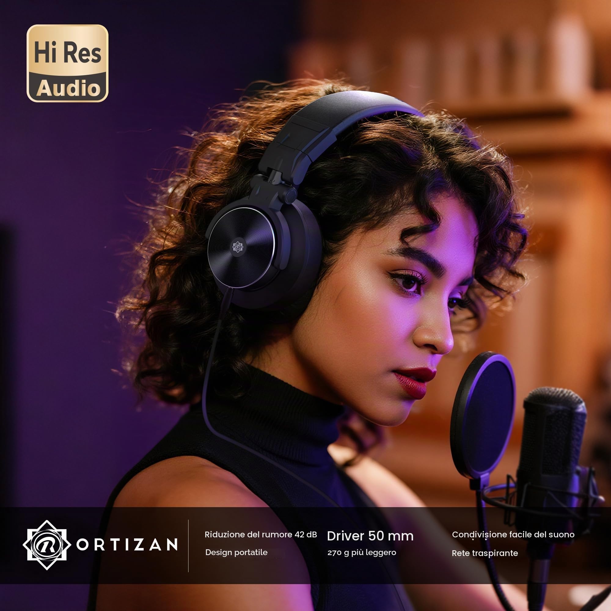 Ortizan Cuffie over-ear cablate – Cuffie da studio – Stereo professionale ad alta risoluzione 40 kHz – registrazione DJ cuffie monitor audio – jack audio da 1/4 a 3,5 mm per registrazione/mixaggio